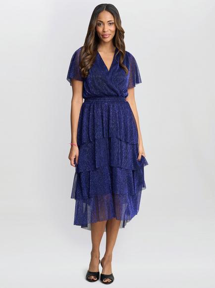 Gina Bacconi Cheri Metallic Tiered Dress, Cobalt
