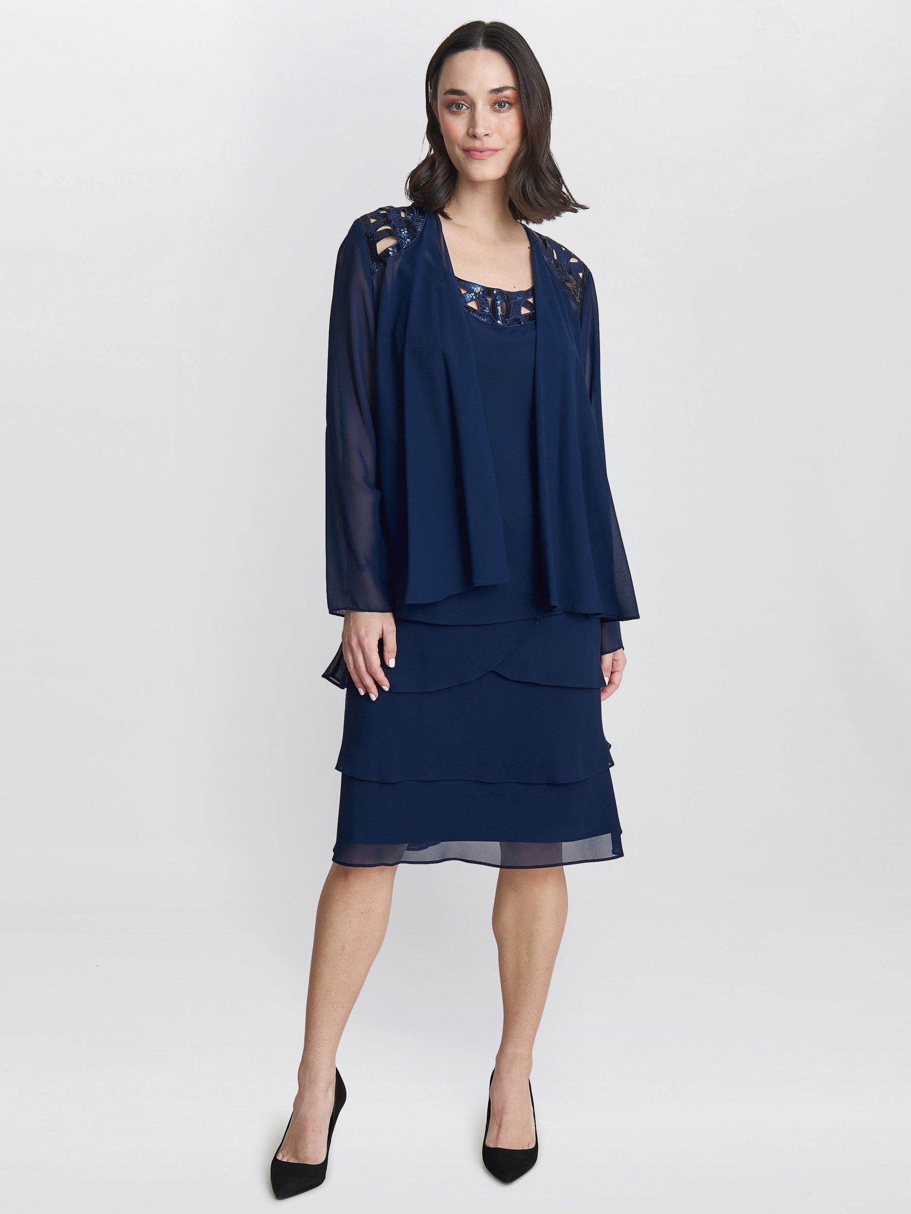 Product image 3 of 5, which shows Gina Bacconi Leigh Embellished Tiered Sequin Jacket Dress, Spring Navy, 12
