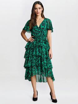 Gina Bacconi Lottie Floral Tiered Dress, Green/Black, Green/Black