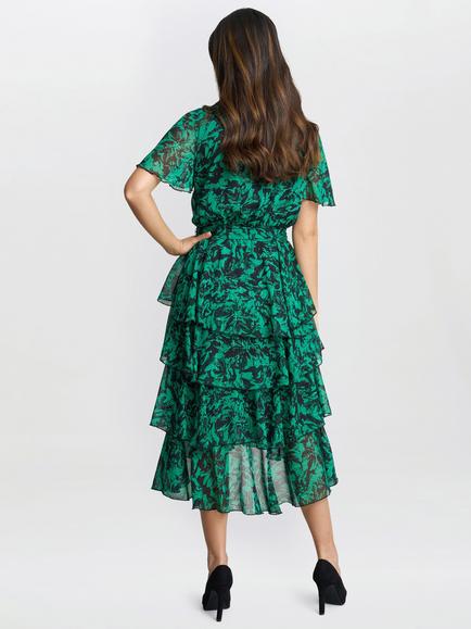 Gina Bacconi Lottie Floral Tiered Dress, Green/Black - view 2, Green/Black