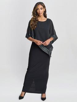 Gina Bacconi Amber Asymmetric Cape Dress, Black/Silver, Black/Silver