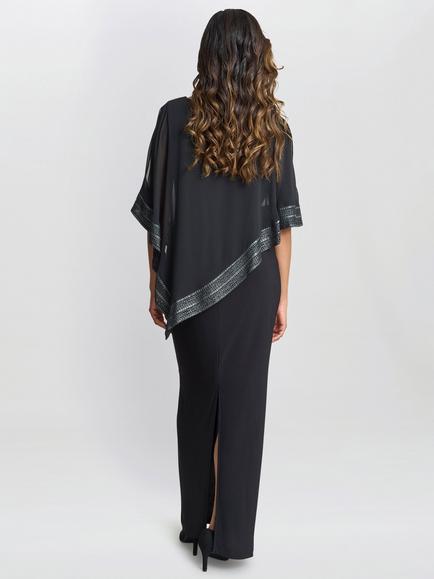 Gina Bacconi Amber Asymmetric Cape Dress, Black/Silver - view 2, Black/Silver