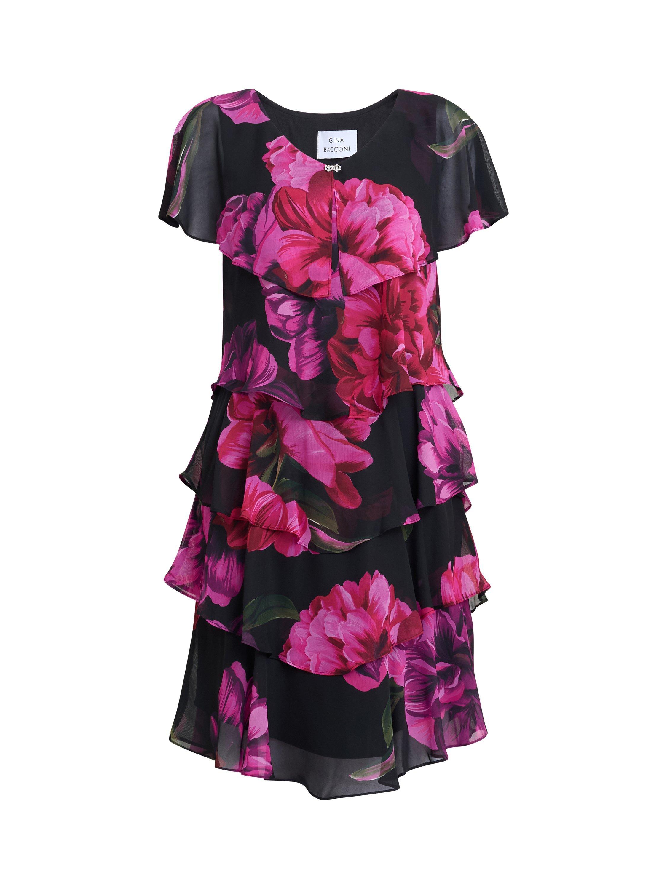 Product image 4 of 5, which shows Gina Bacconi Skyla Floral Tiered Dress, Black/Multi, 10