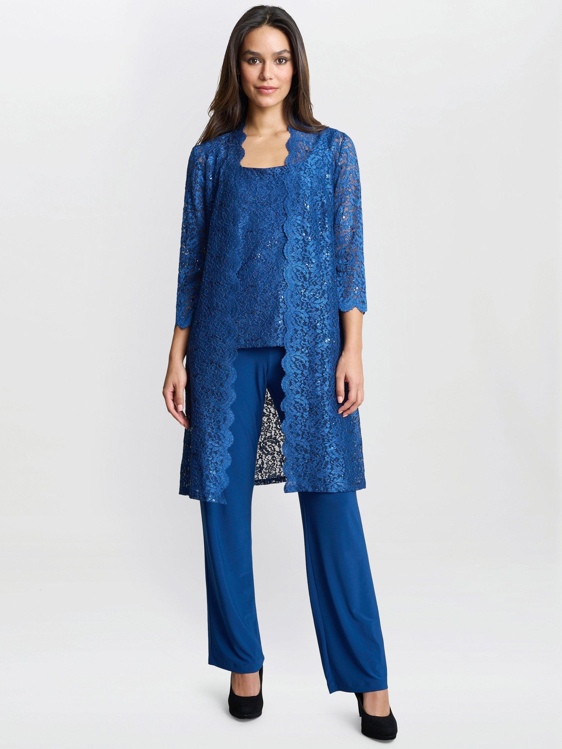 Product image 1 of 6, which shows Gina Bacconi Brea Metallic Lace Trouser Suit, Peacock, 10