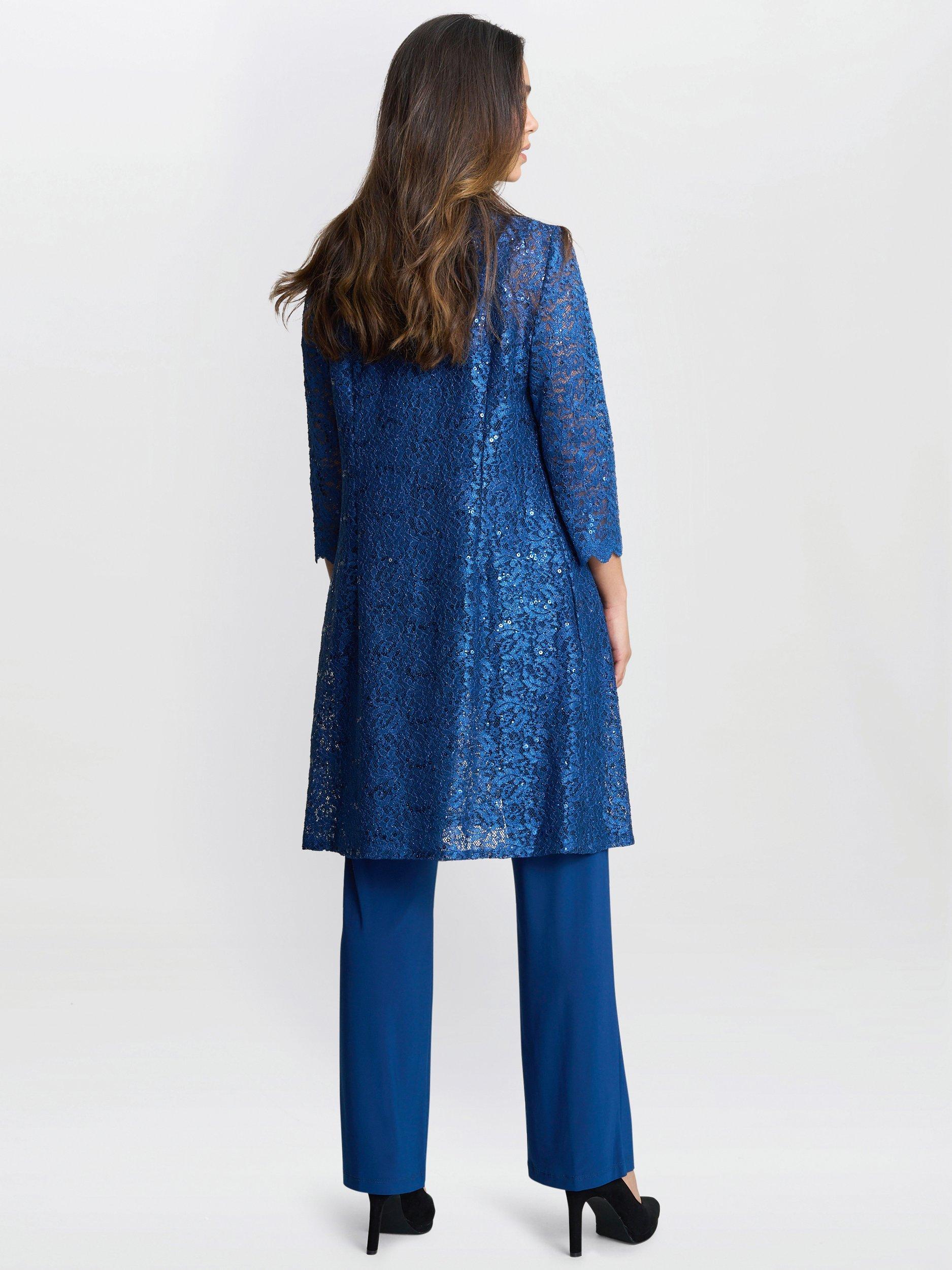 Product image 2 of 6, which shows Gina Bacconi Brea Metallic Lace Trouser Suit, Peacock, 10