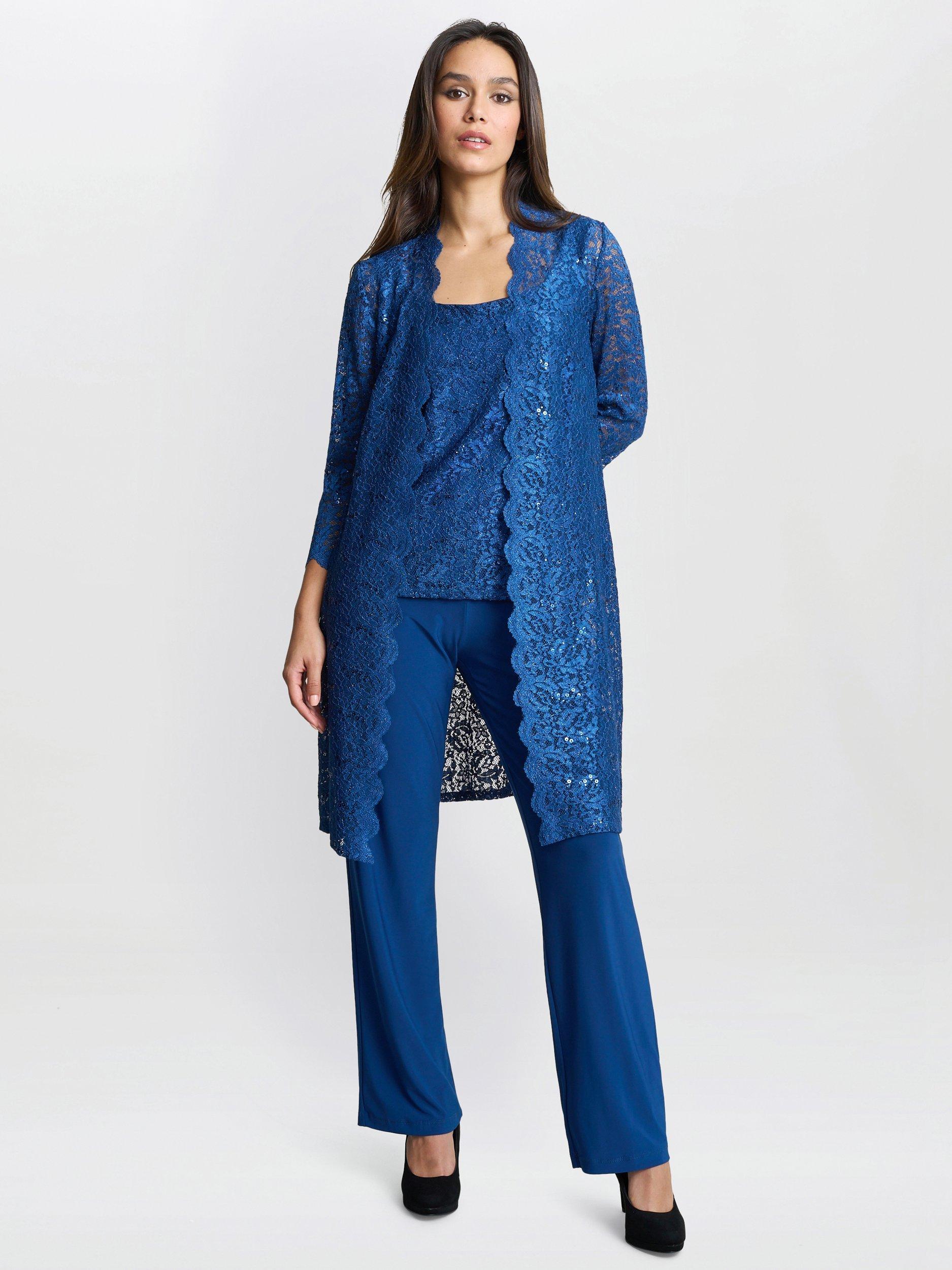 Product image 3 of 6, which shows Gina Bacconi Brea Metallic Lace Trouser Suit, Peacock, 10