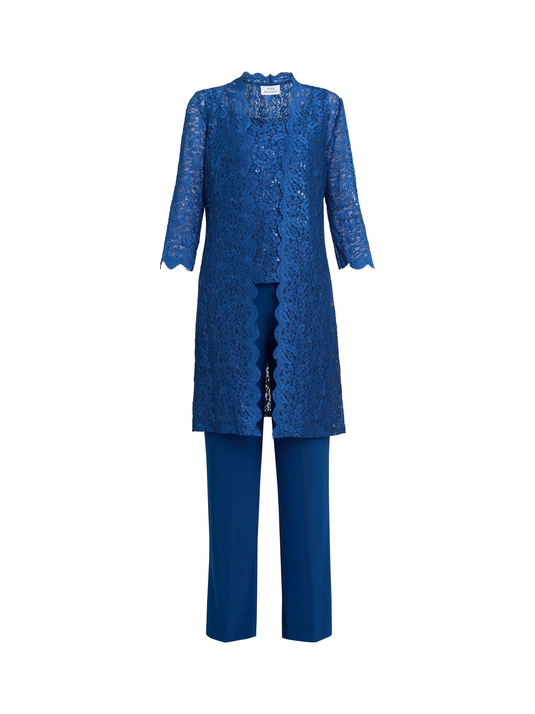 Product image 4 of 6, which shows Gina Bacconi Brea Metallic Lace Trouser Suit, Peacock, 10