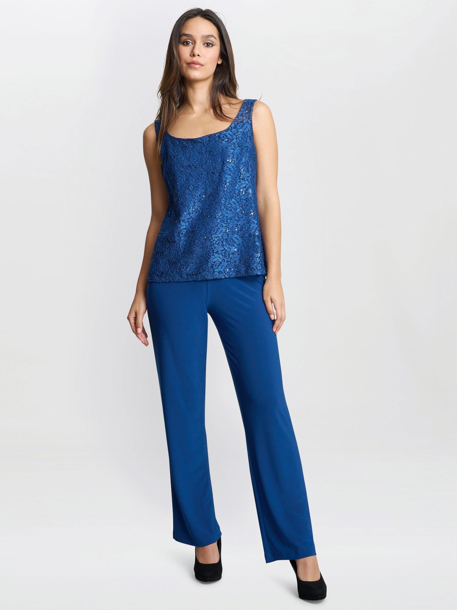 Product image 6 of 6, which shows Gina Bacconi Brea Metallic Lace Trouser Suit, Peacock, 10
