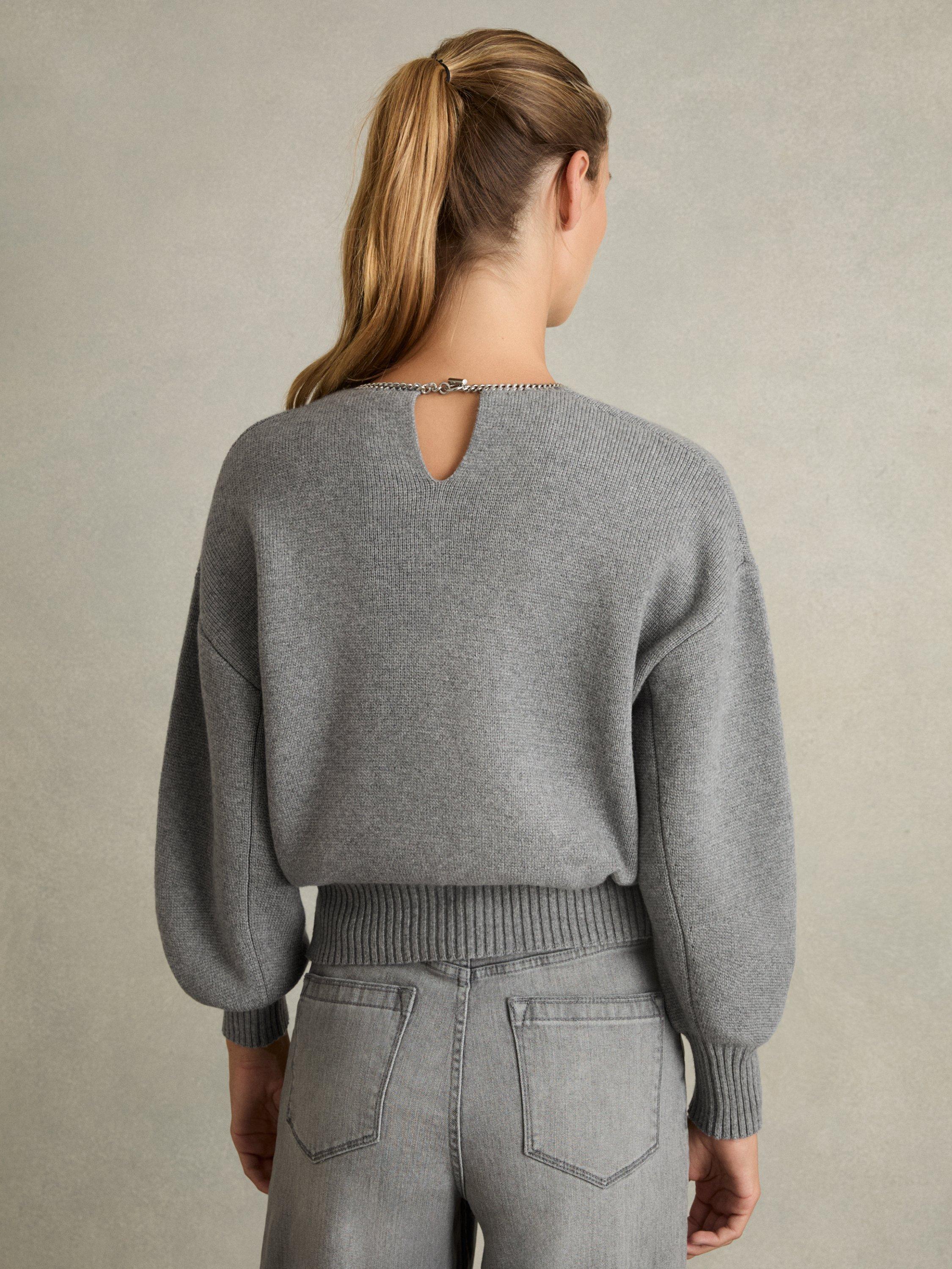 Product image 2 of 5, which shows Reiss Nadine Necklace Wool Blend Jumper, Grey, M