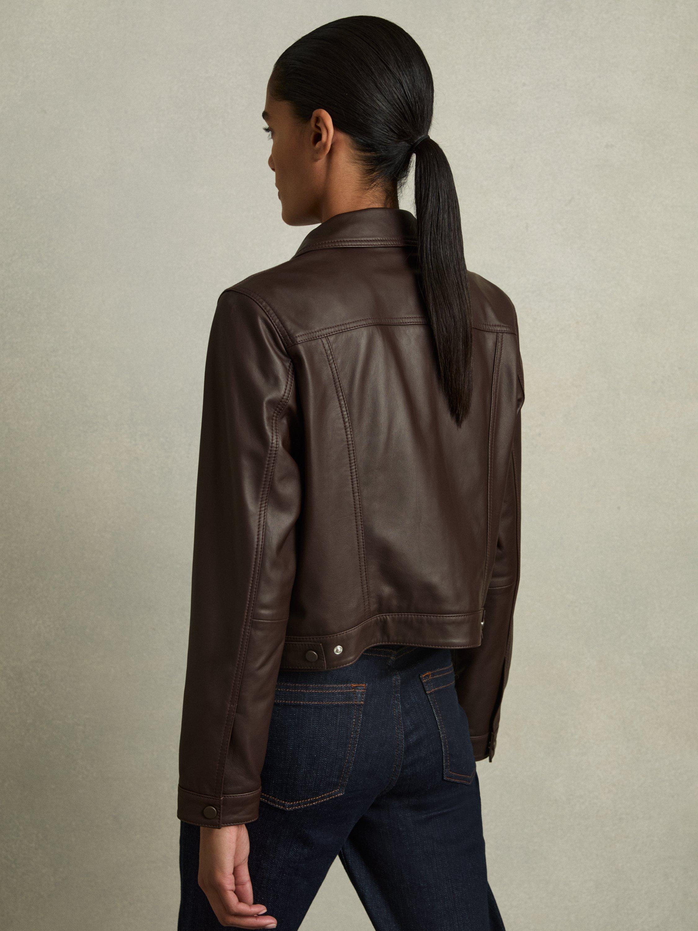 Reiss Ely Trucker Pure Leather Jacket, Burgundy