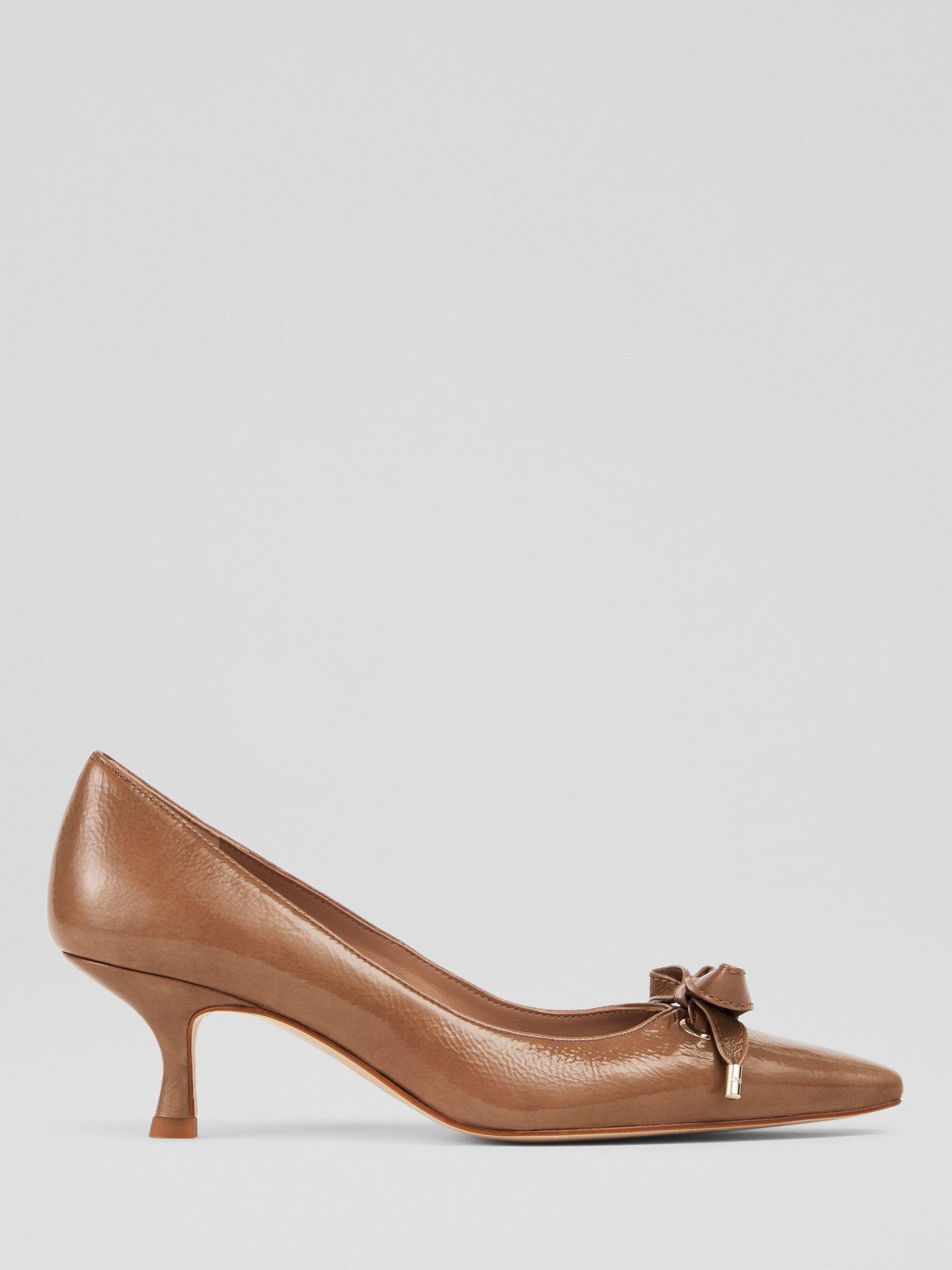 Product image 1 of 3, which shows L.K.Bennett Alma Crinkled Patent Leather Eyelet Bow Court Shoes, Taupe, 2