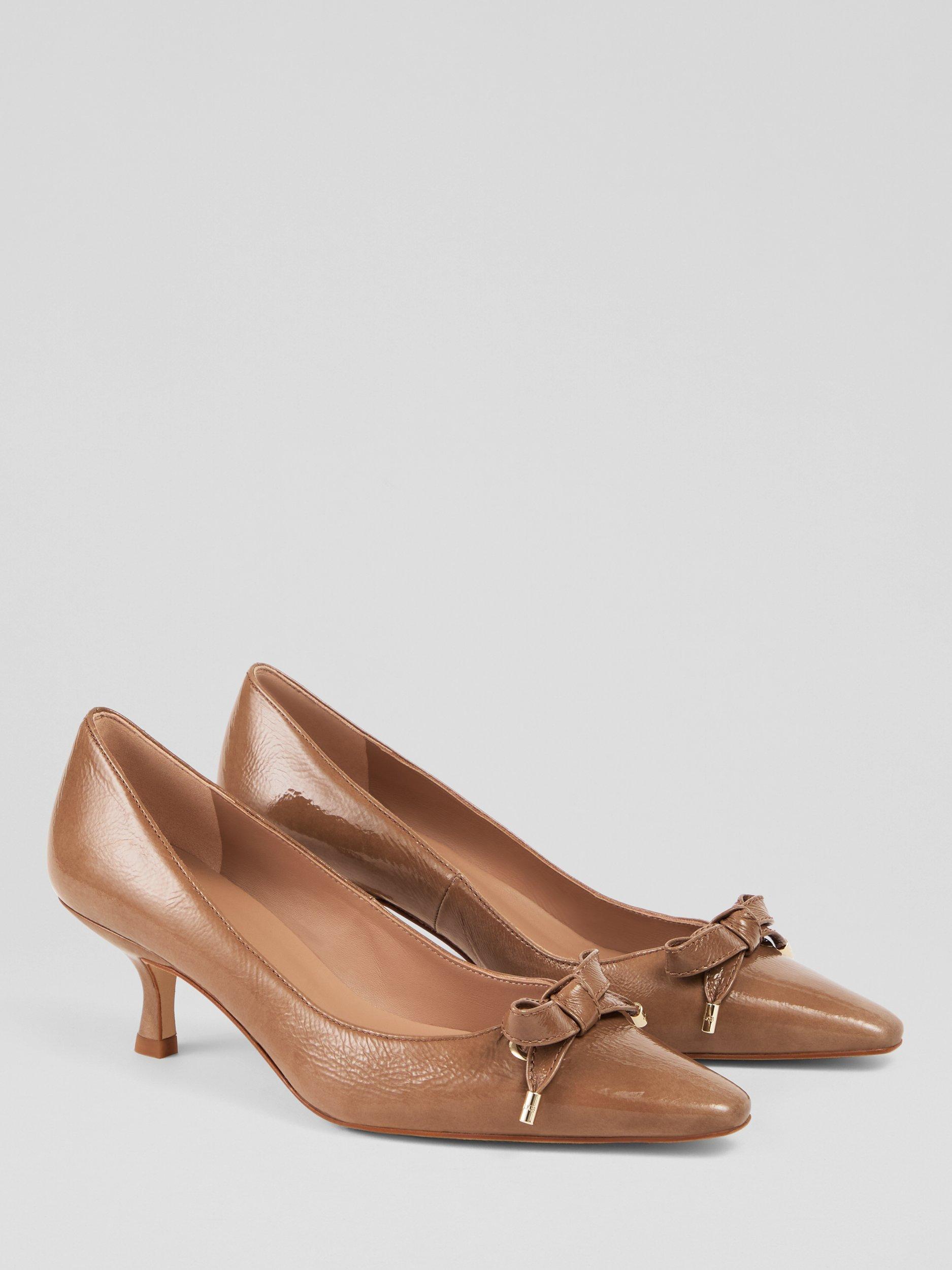 Product image 2 of 3, which shows L.K.Bennett Alma Crinkled Patent Leather Eyelet Bow Court Shoes, Taupe, 2