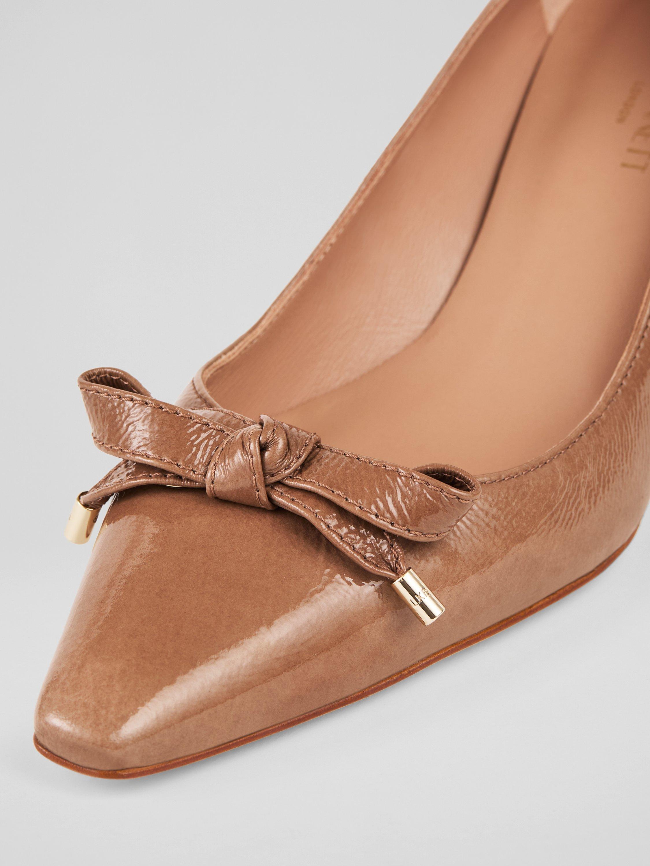 Product image 3 of 3, which shows L.K.Bennett Alma Crinkled Patent Leather Eyelet Bow Court Shoes, Taupe, 2