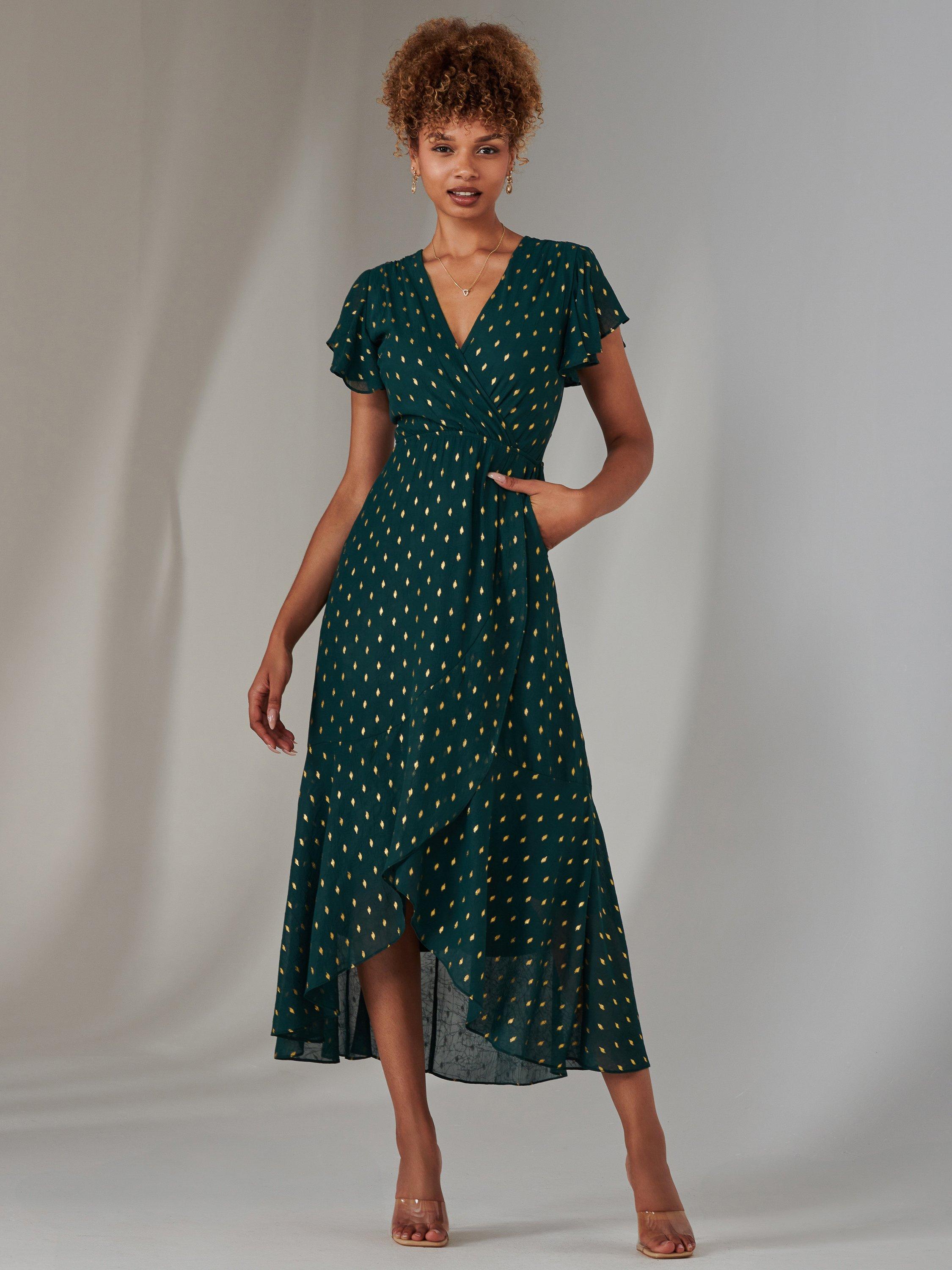 Jolie Moi Metallic Spot Dress, Dark Green