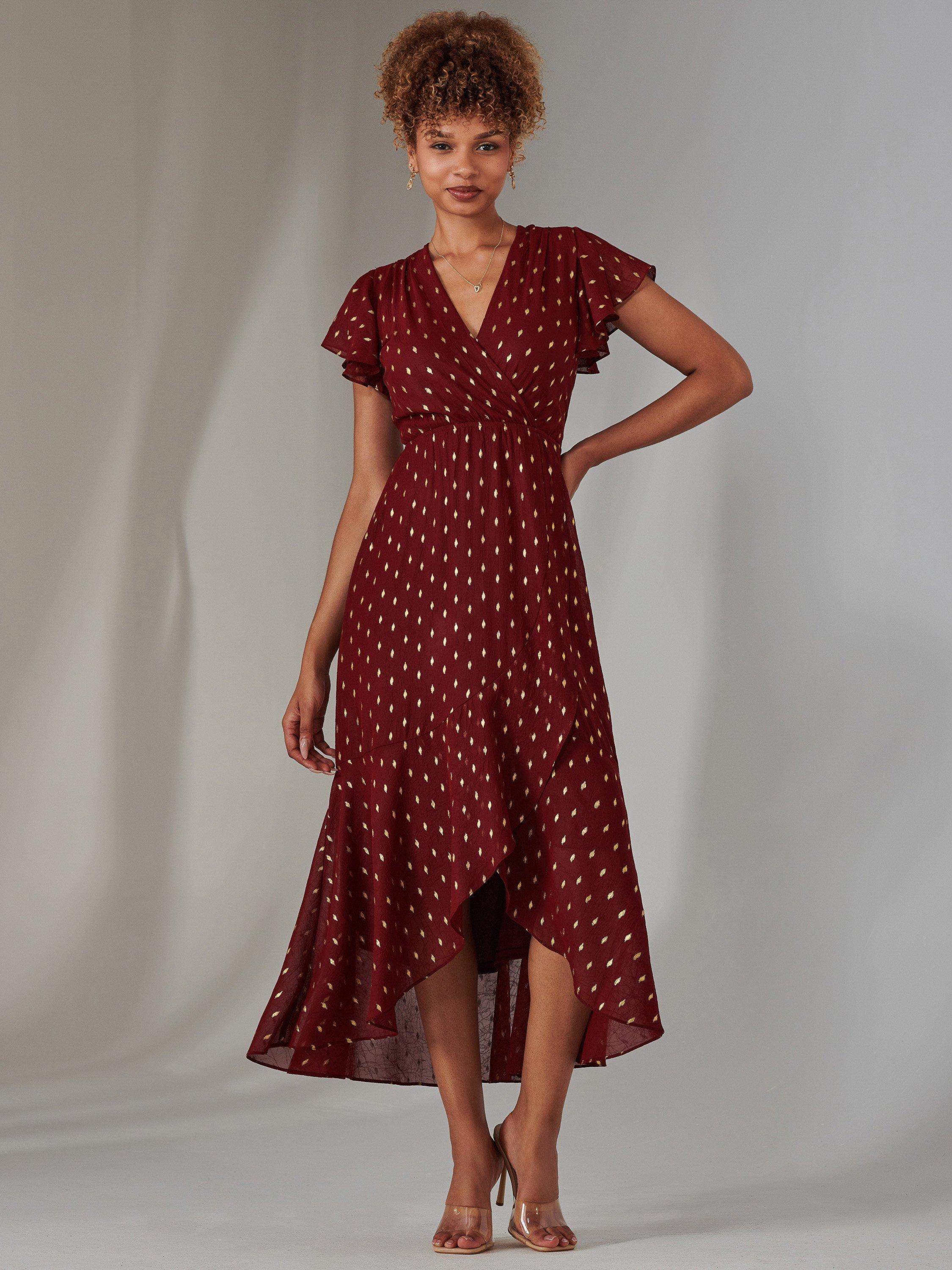 Jolie Moi Mable Metallic Spot Textured Maxi Dress, Burgundy