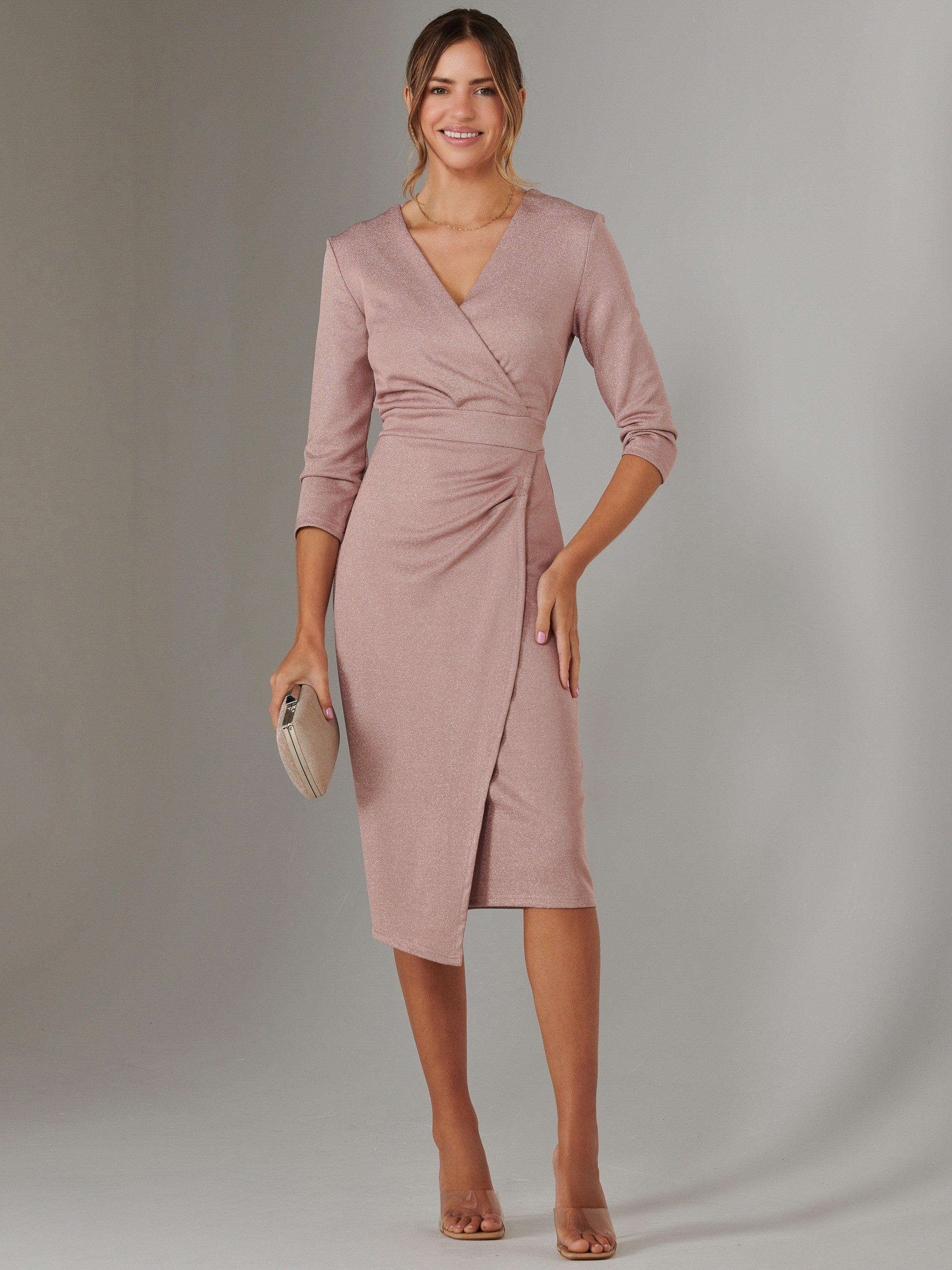 Jolie Moi Metallic Wrap Bodycon Midi Dress, Pink