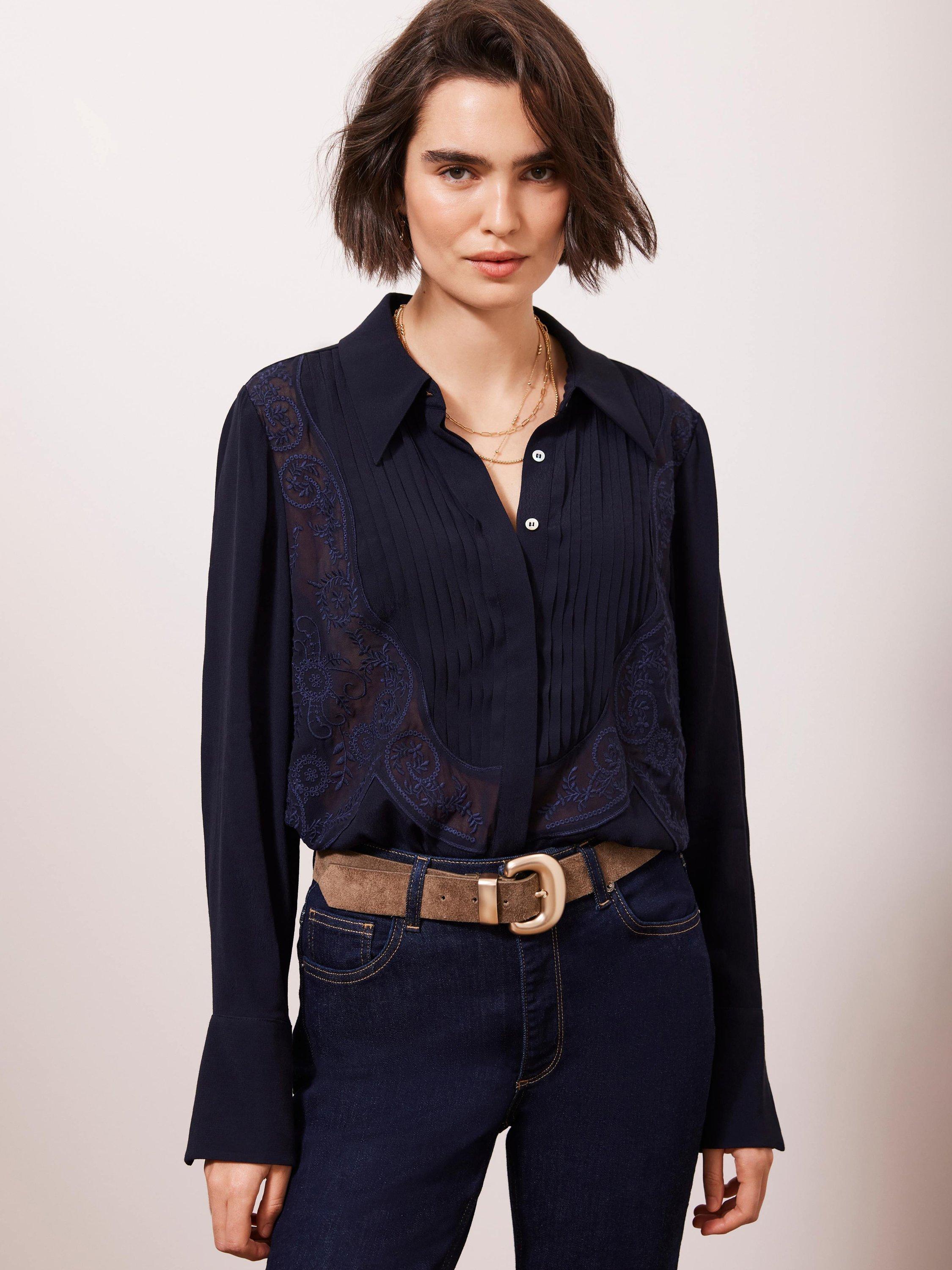 Product image 1 of 5, which shows Mint Velvet Pintuck Embroidered Shirt, Navy, 6