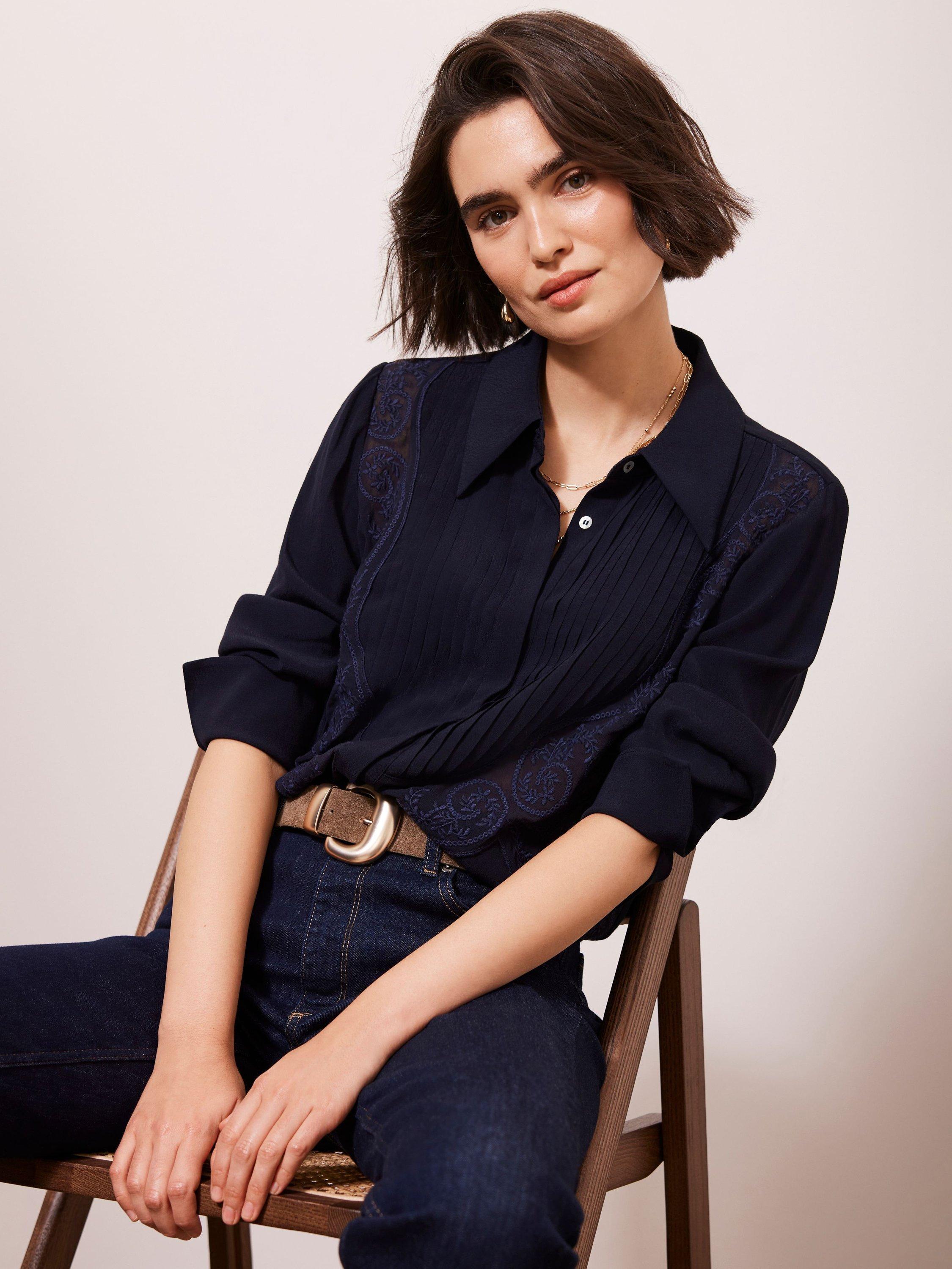 Product image 2 of 5, which shows Mint Velvet Pintuck Embroidered Shirt, Navy, 6