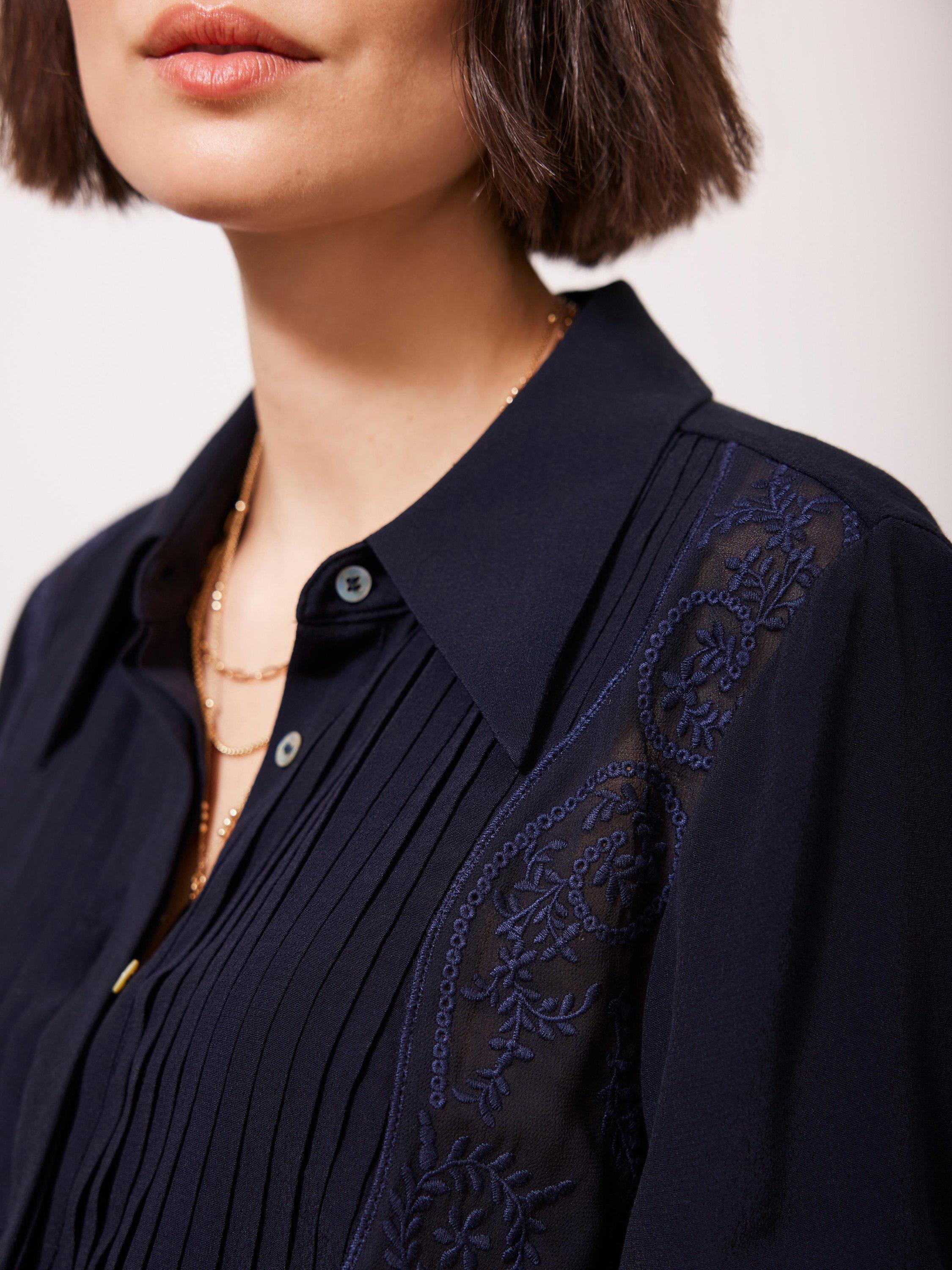 Product image 3 of 5, which shows Mint Velvet Pintuck Embroidered Shirt, Navy, 6