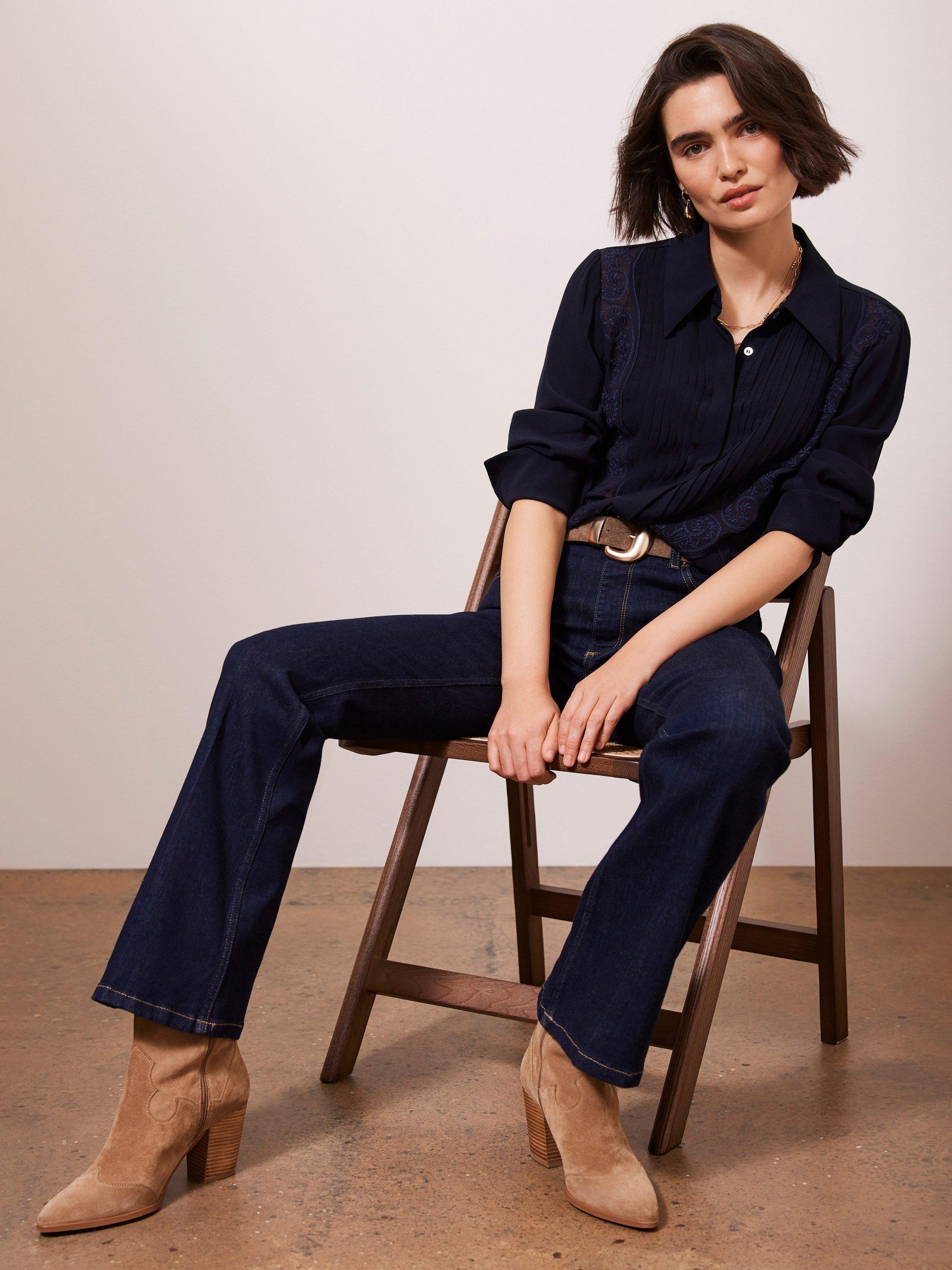 Product image 4 of 5, which shows Mint Velvet Pintuck Embroidered Shirt, Navy, 6