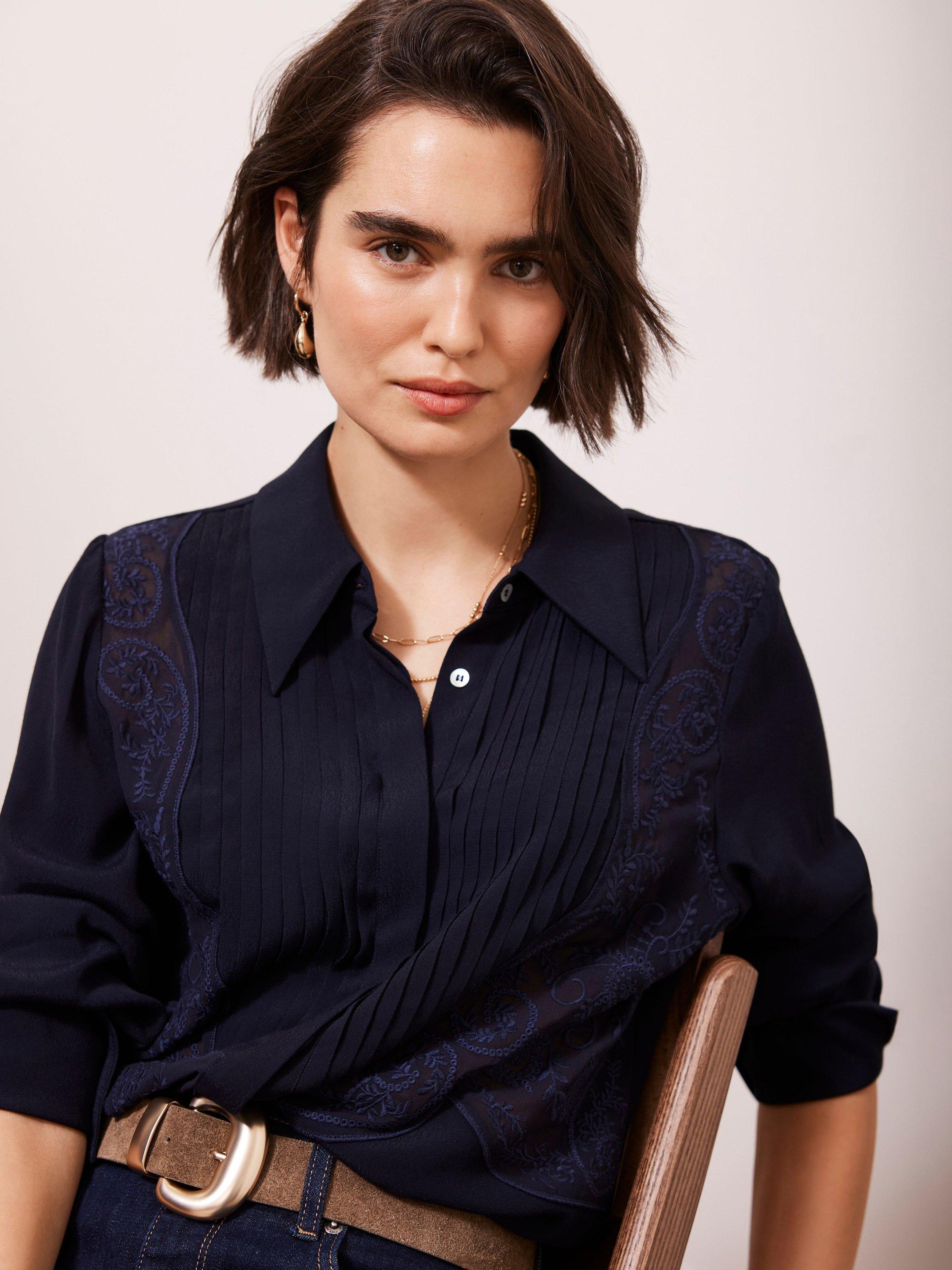 Product image 5 of 5, which shows Mint Velvet Pintuck Embroidered Shirt, Navy, 6