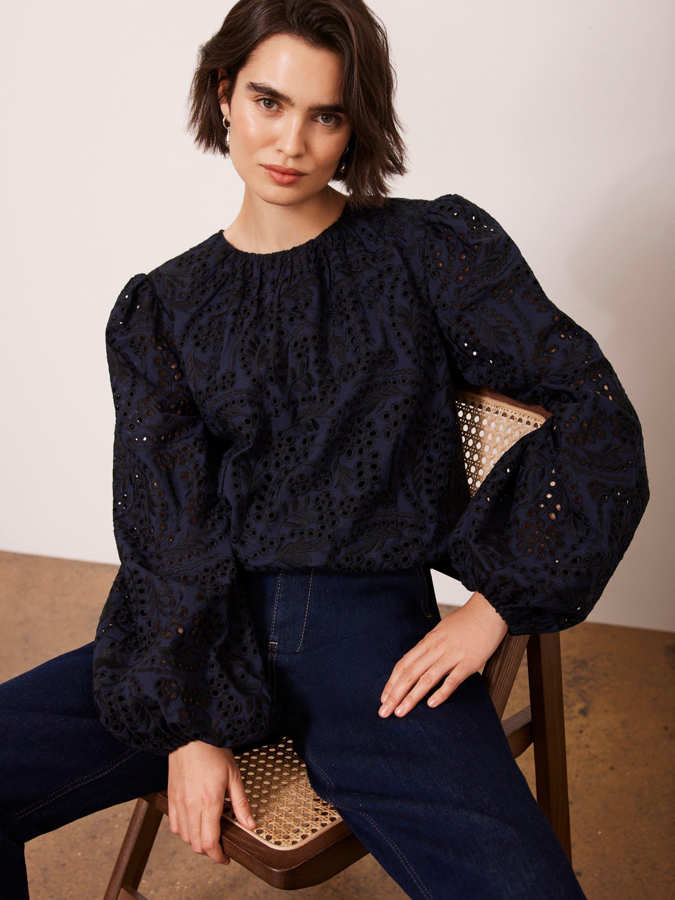 Product image 1 of 1, which shows Mint Velvet Broderie Cropped Top, Navy/Multi, XS