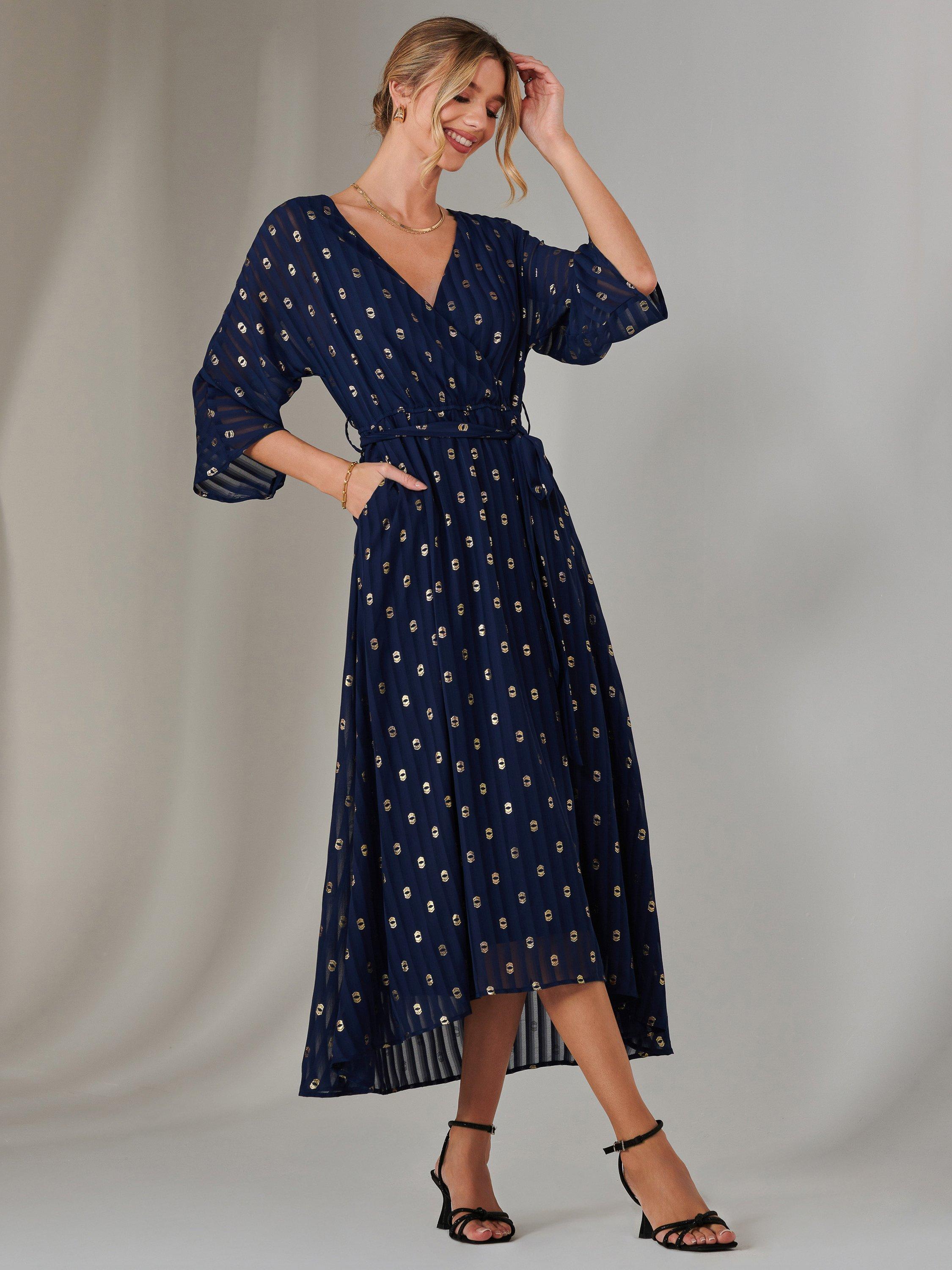 Jolie Moi Spot Chiffon Dress, Navy/Gold