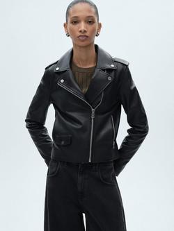 Mango Perfect Leather Jacket, Black, Black