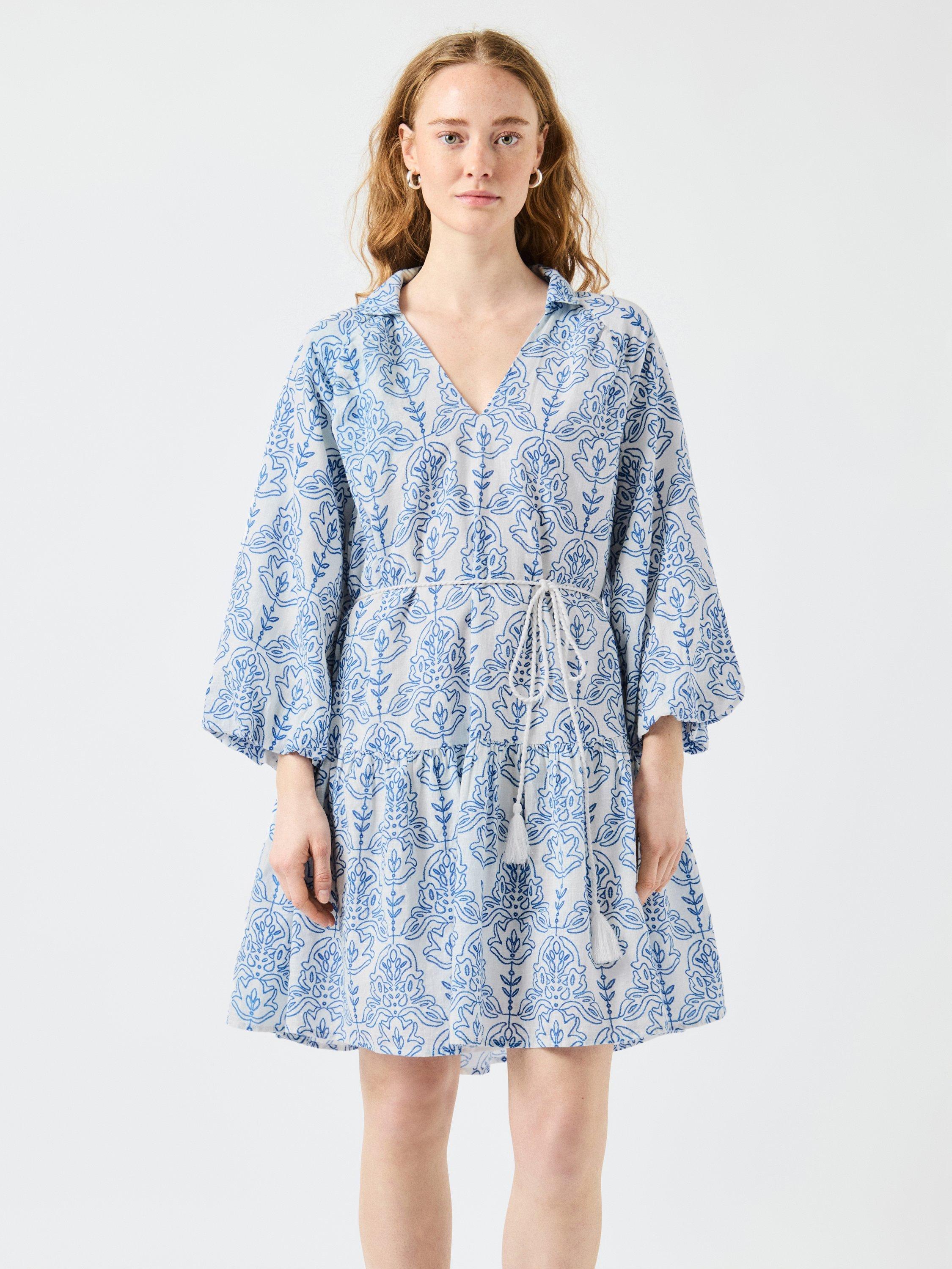 Product image 1 of 7, which shows YAS Cinni Organic Cotton Rope Tie Midi Dress, Blue/White, 10