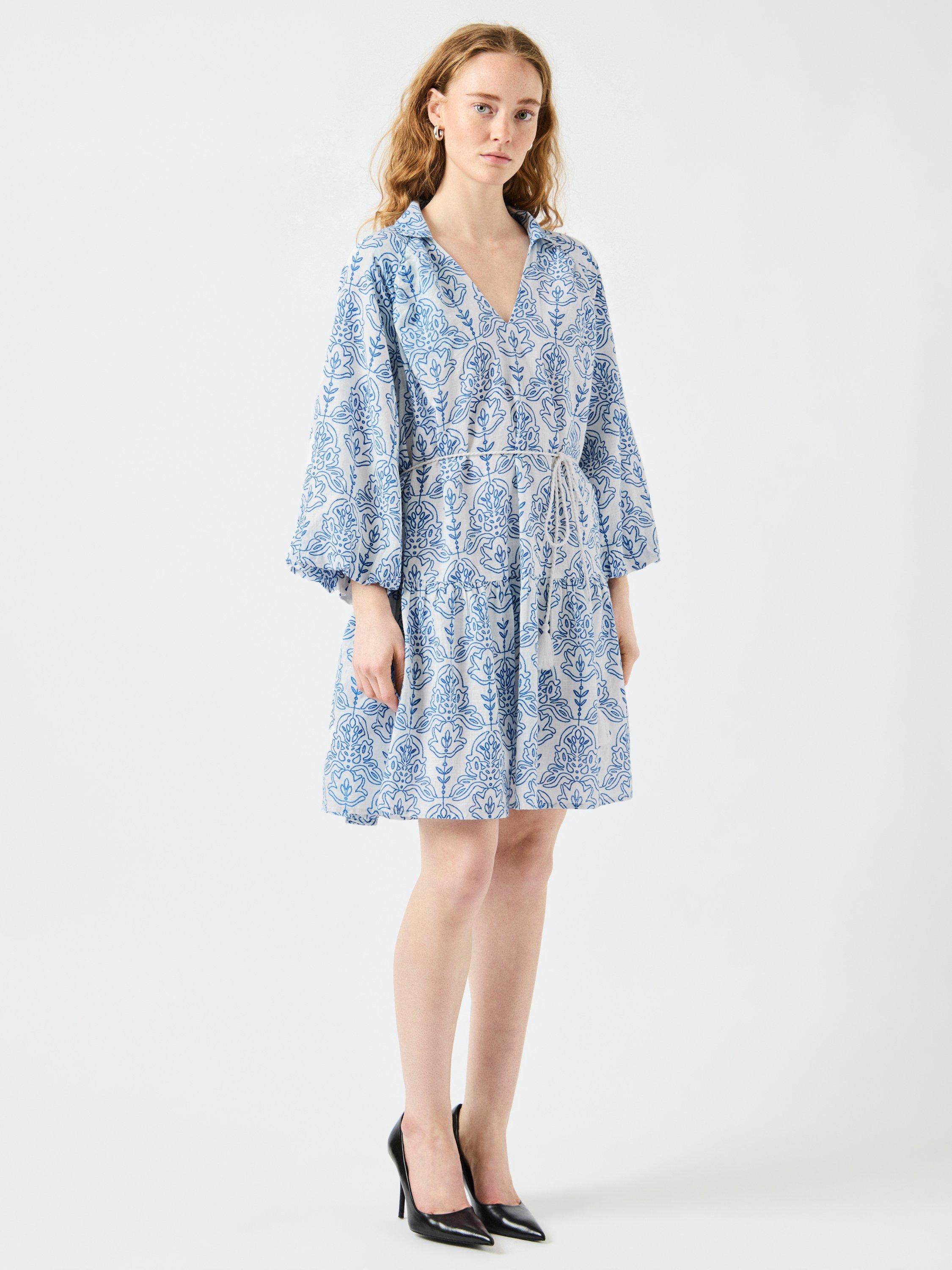 Product image 2 of 7, which shows YAS Cinni Organic Cotton Rope Tie Midi Dress, Blue/White, 10