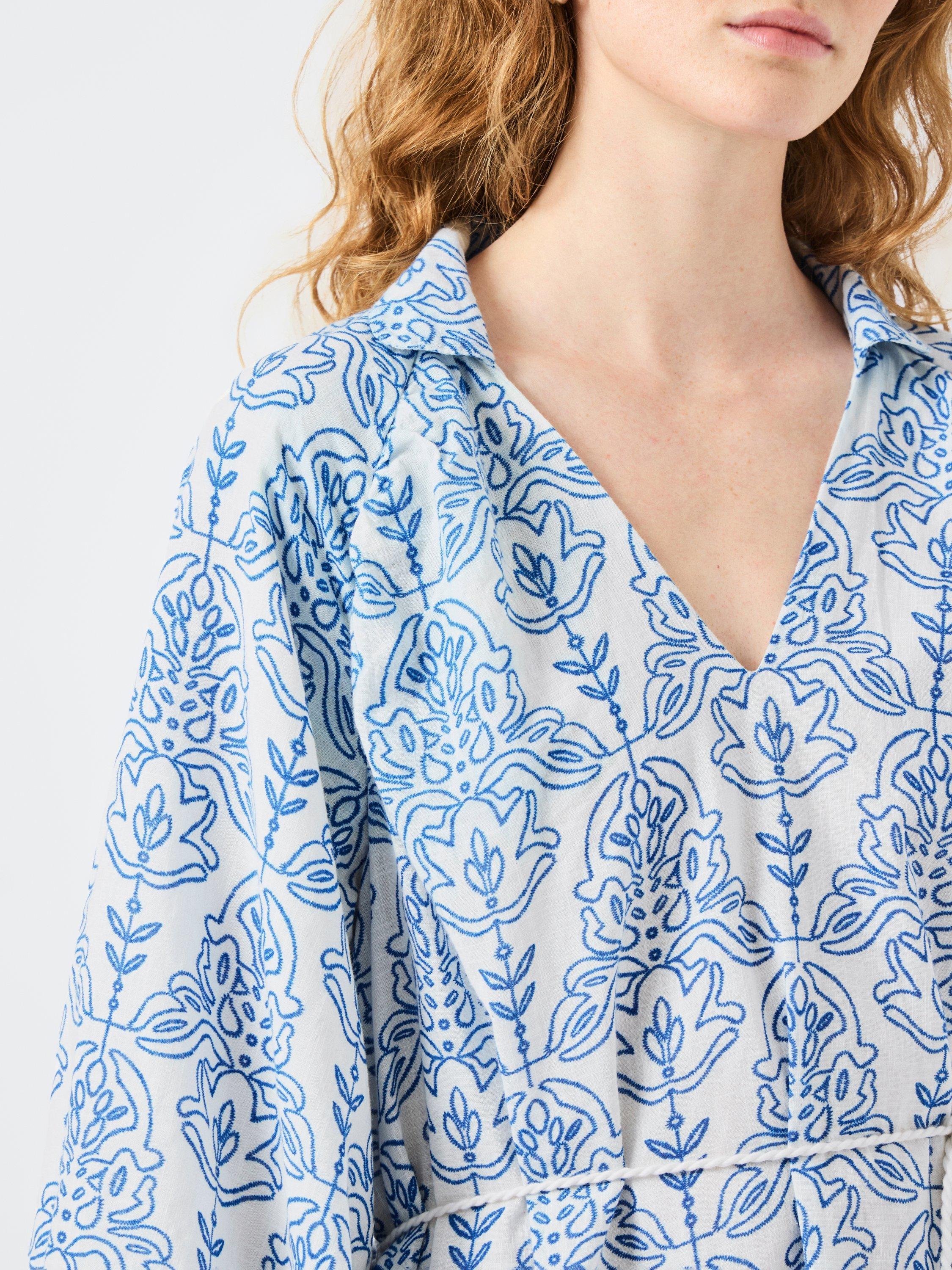 Product image 4 of 7, which shows YAS Cinni Organic Cotton Rope Tie Midi Dress, Blue/White, 10
