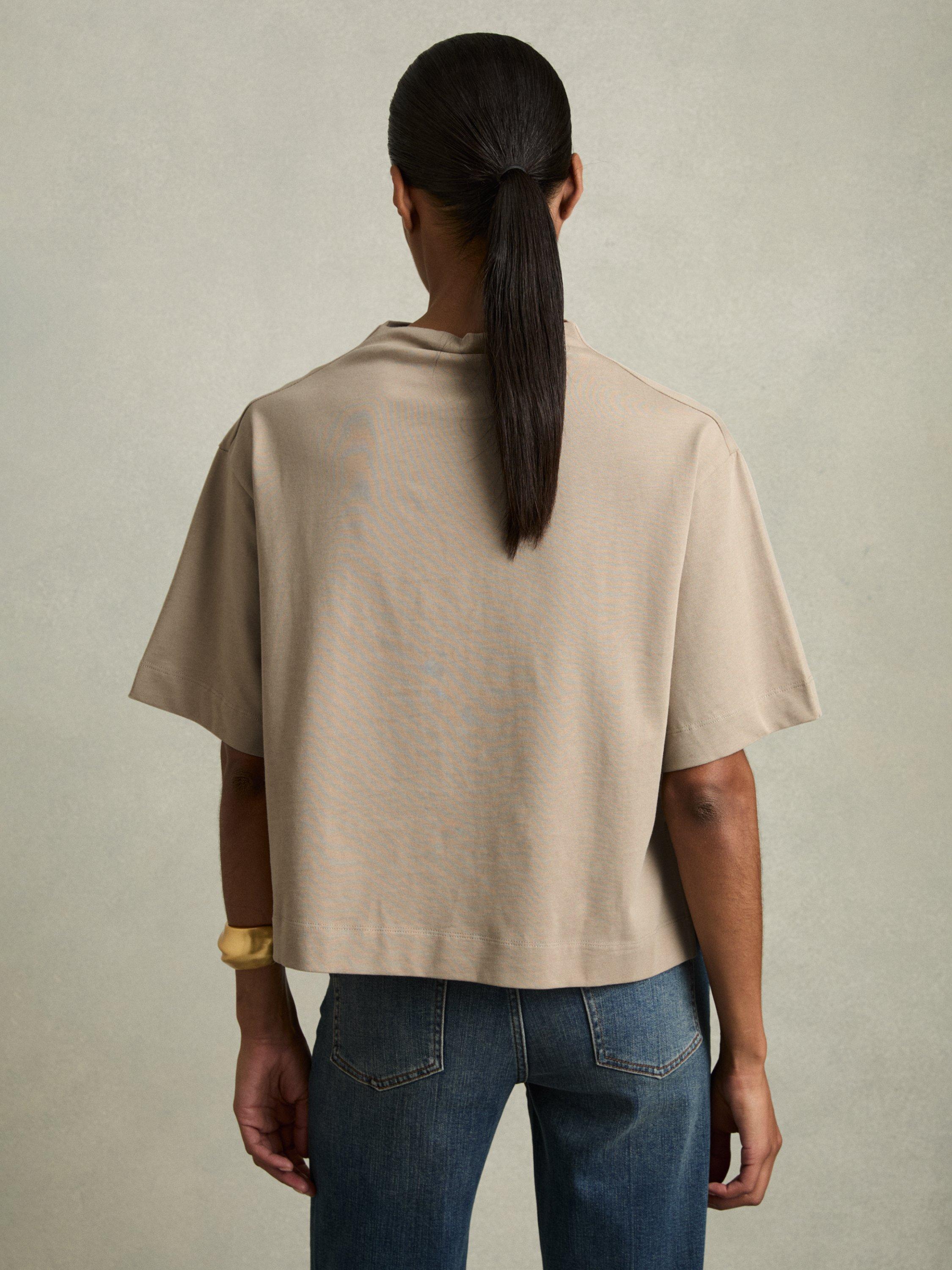 Product image 2 of 5, which shows Reiss Olivia Cotton High Neck Boxy Top, Beige, S
