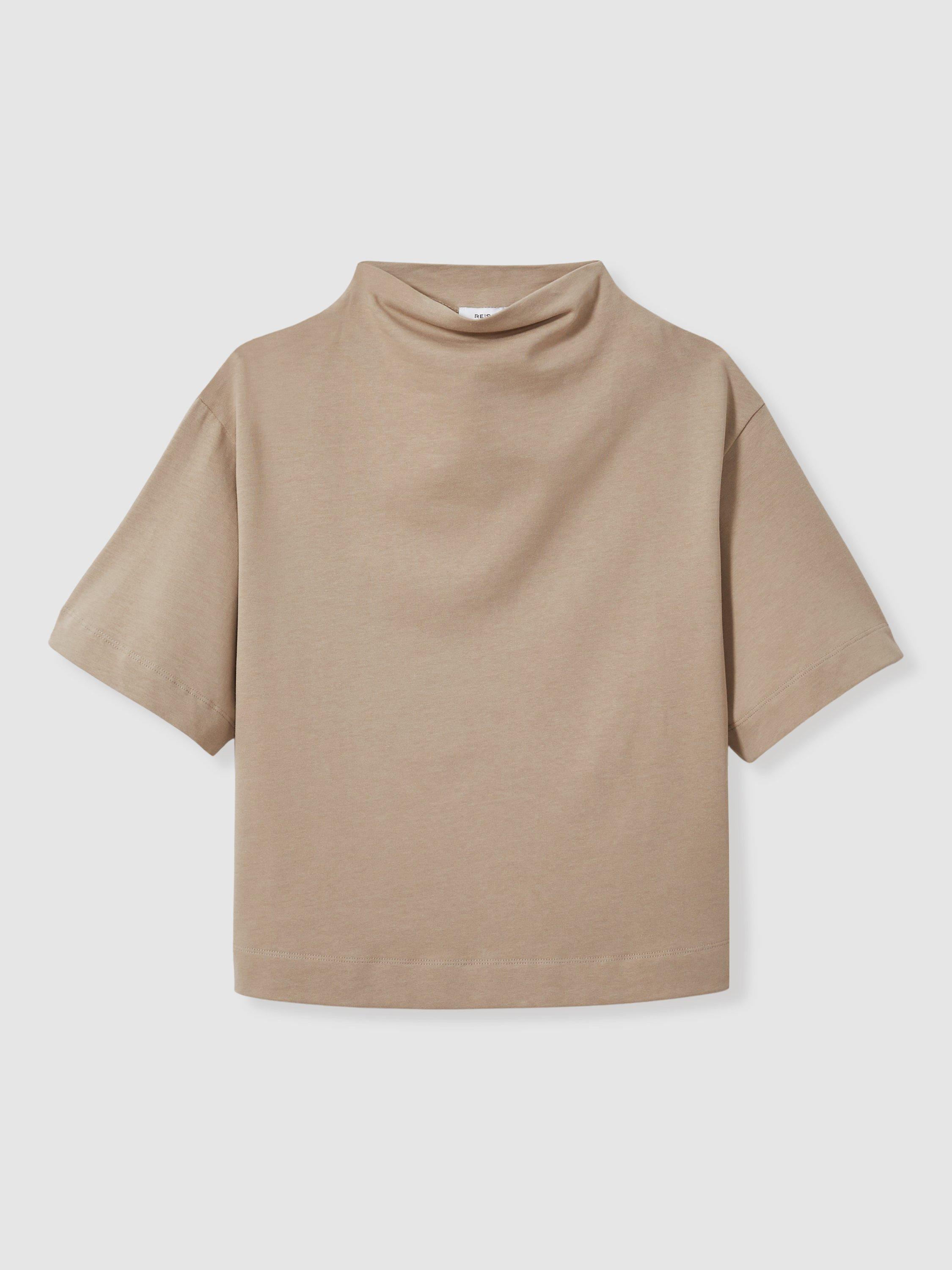 Product image 3 of 5, which shows Reiss Olivia Cotton High Neck Boxy Top, Beige, S