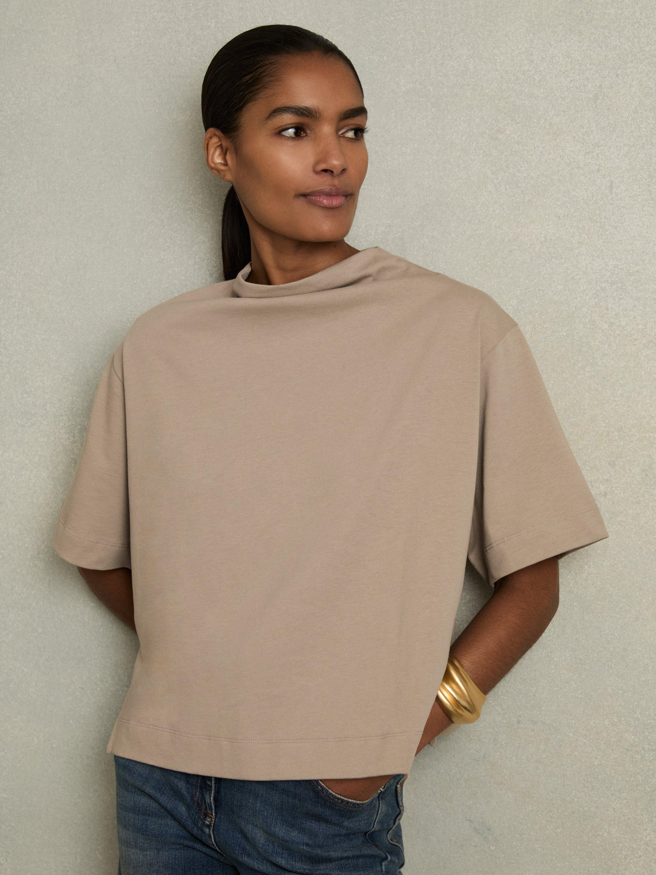Product image 4 of 5, which shows Reiss Olivia Cotton High Neck Boxy Top, Beige, S