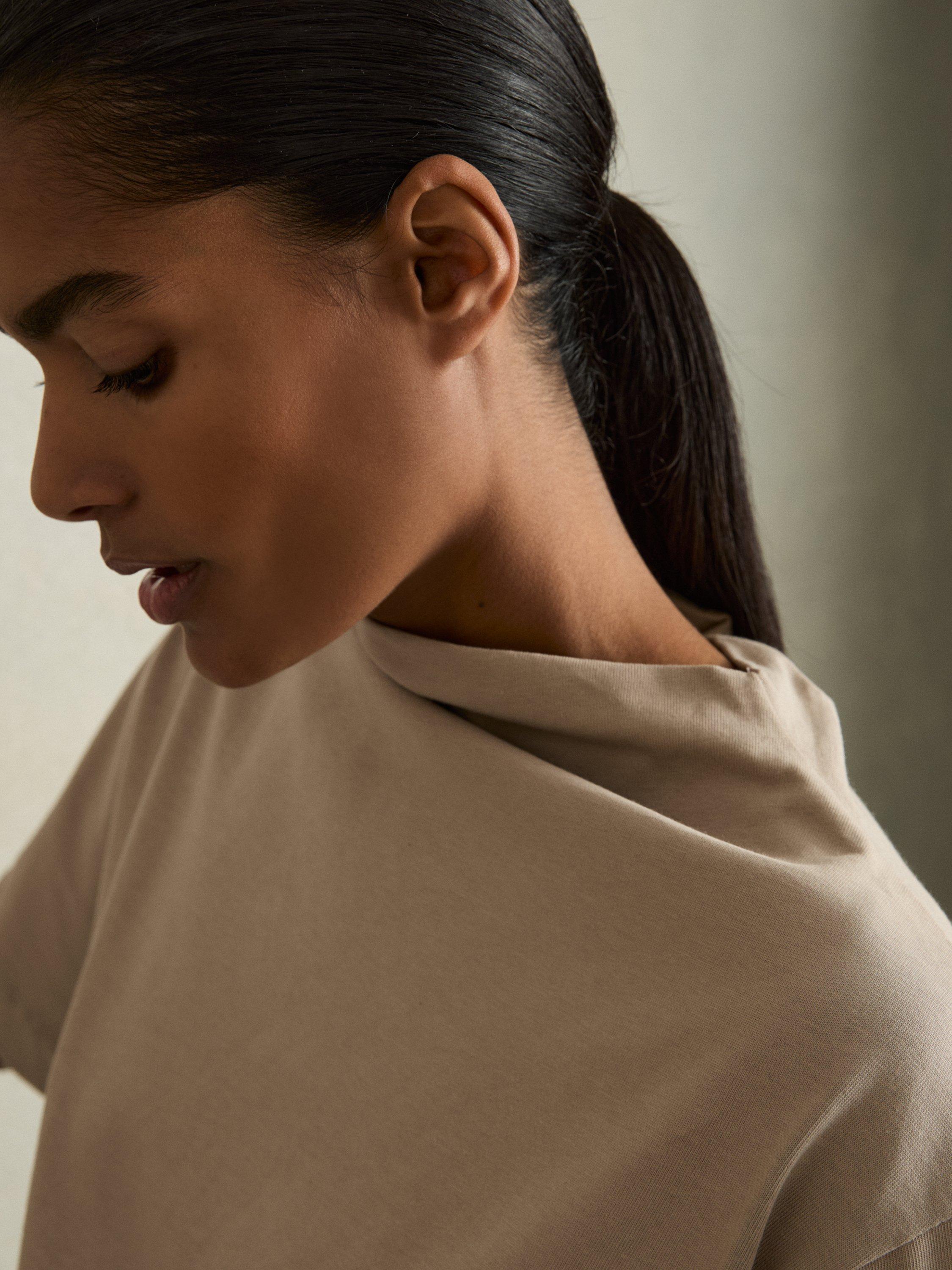 Product image 5 of 5, which shows Reiss Olivia Cotton High Neck Boxy Top, Beige, S