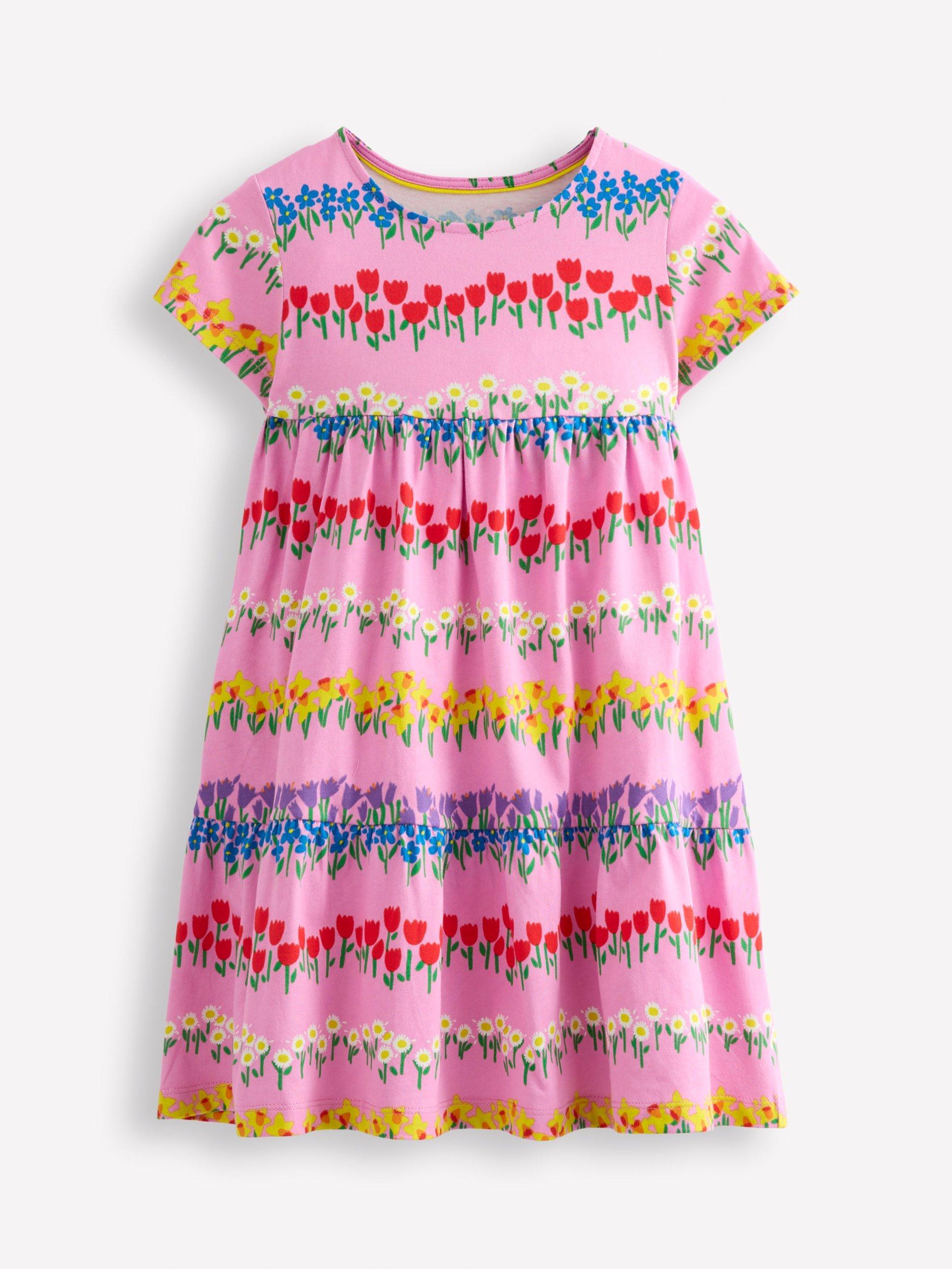 Mini Boden Kids' Ariel Cotton Twirly Dress, Pink Floral Stripe