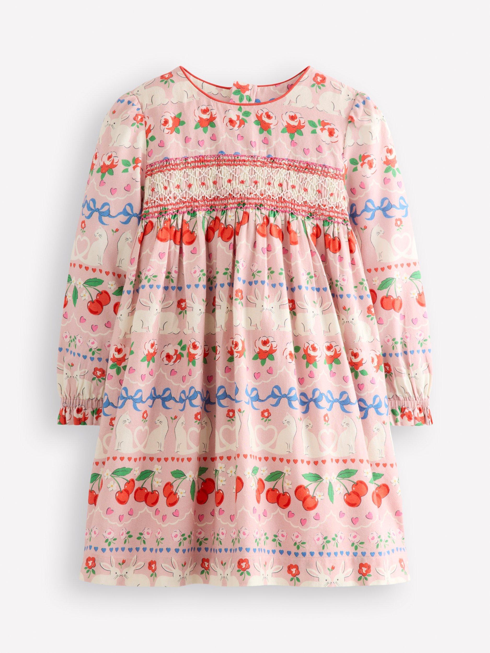 Mini Boden Kids' Bess Cosy Smocked Dress, Valentines Bunny