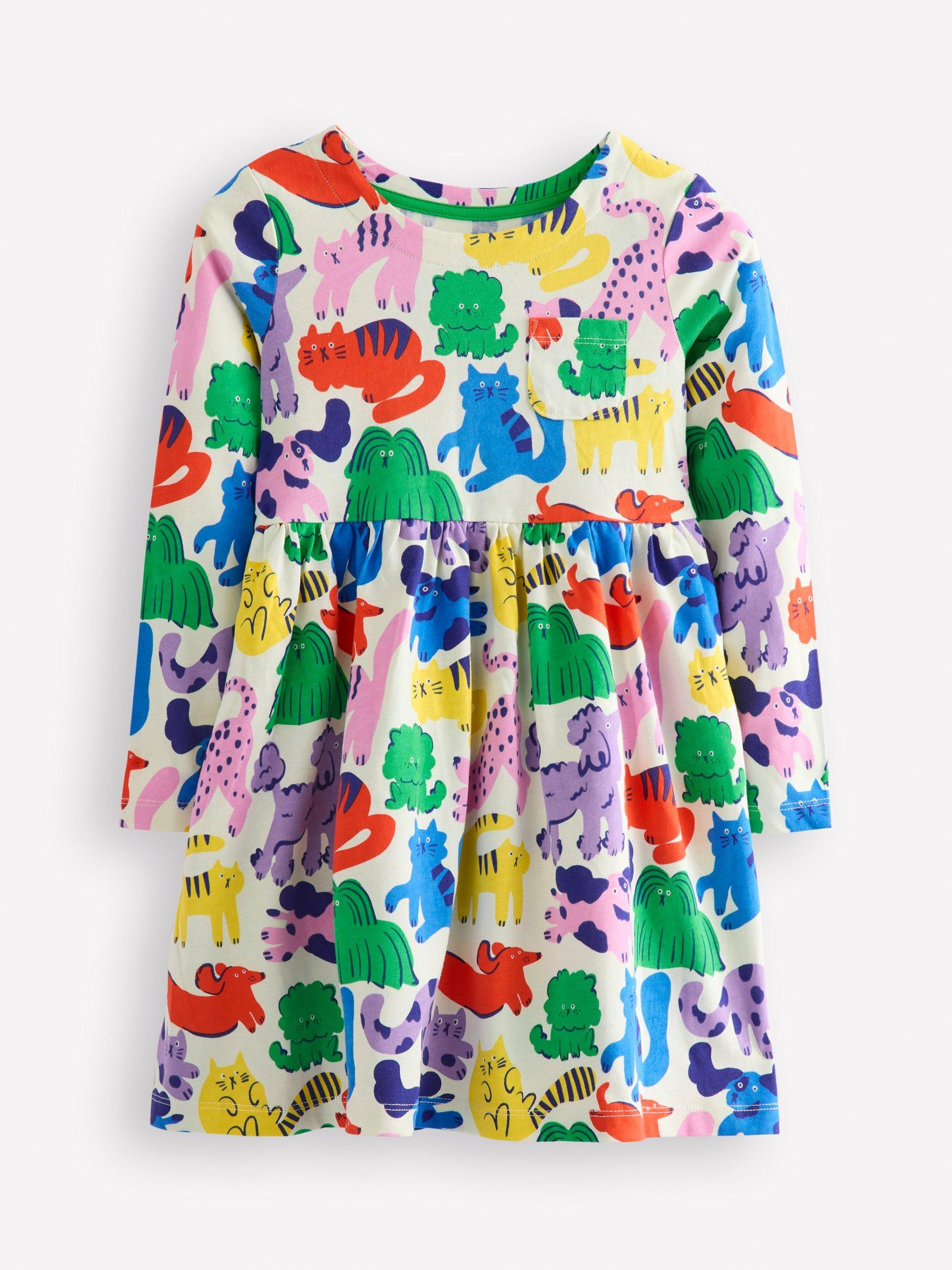 Product image 1 of 4, which shows Mini Boden Kids' Long Sleeve Fun Jersey Dress, Oatmeal Rainbow Pets, 11-12 years