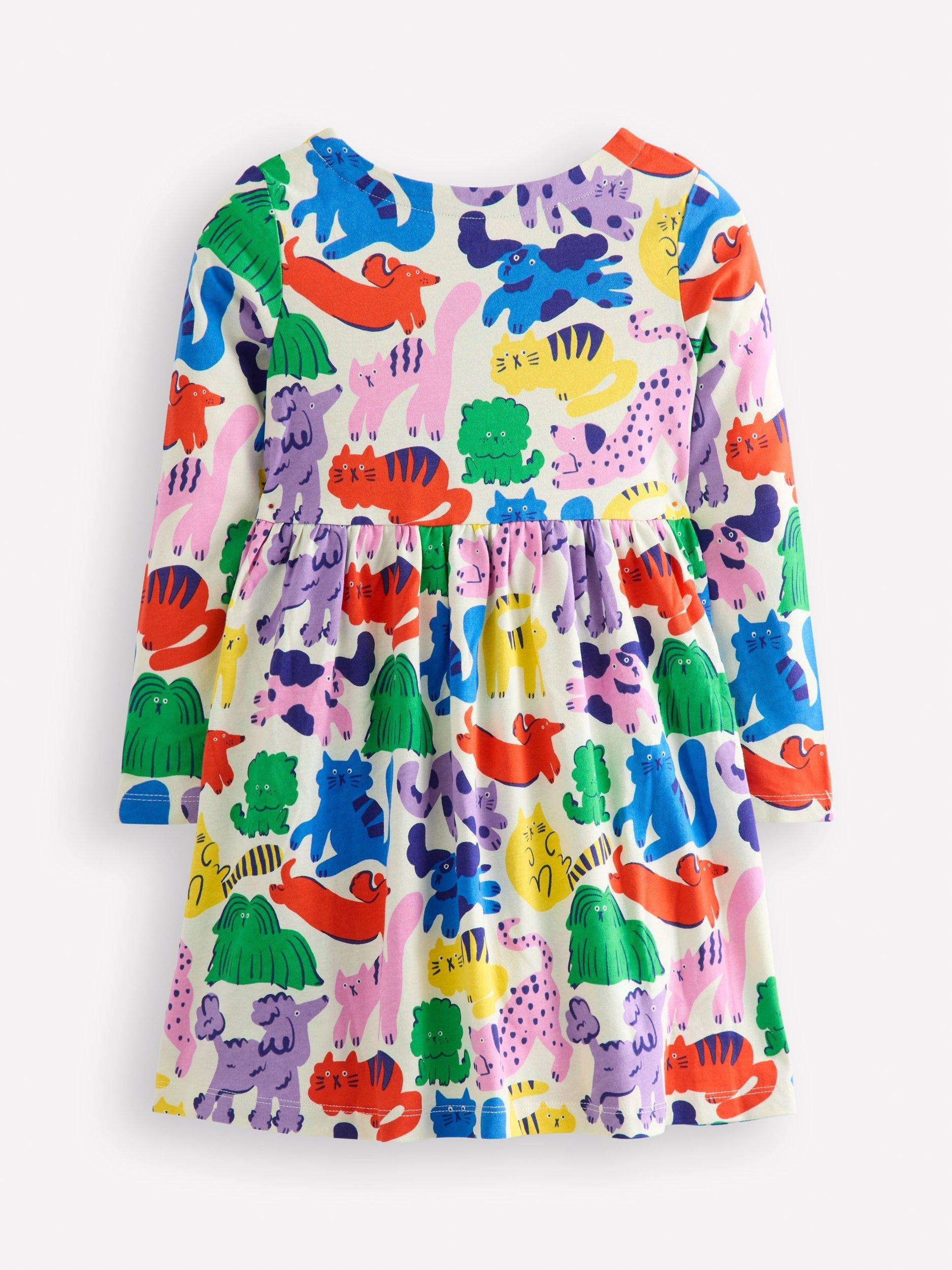 Product image 2 of 4, which shows Mini Boden Kids' Long Sleeve Fun Jersey Dress, Oatmeal Rainbow Pets, 11-12 years