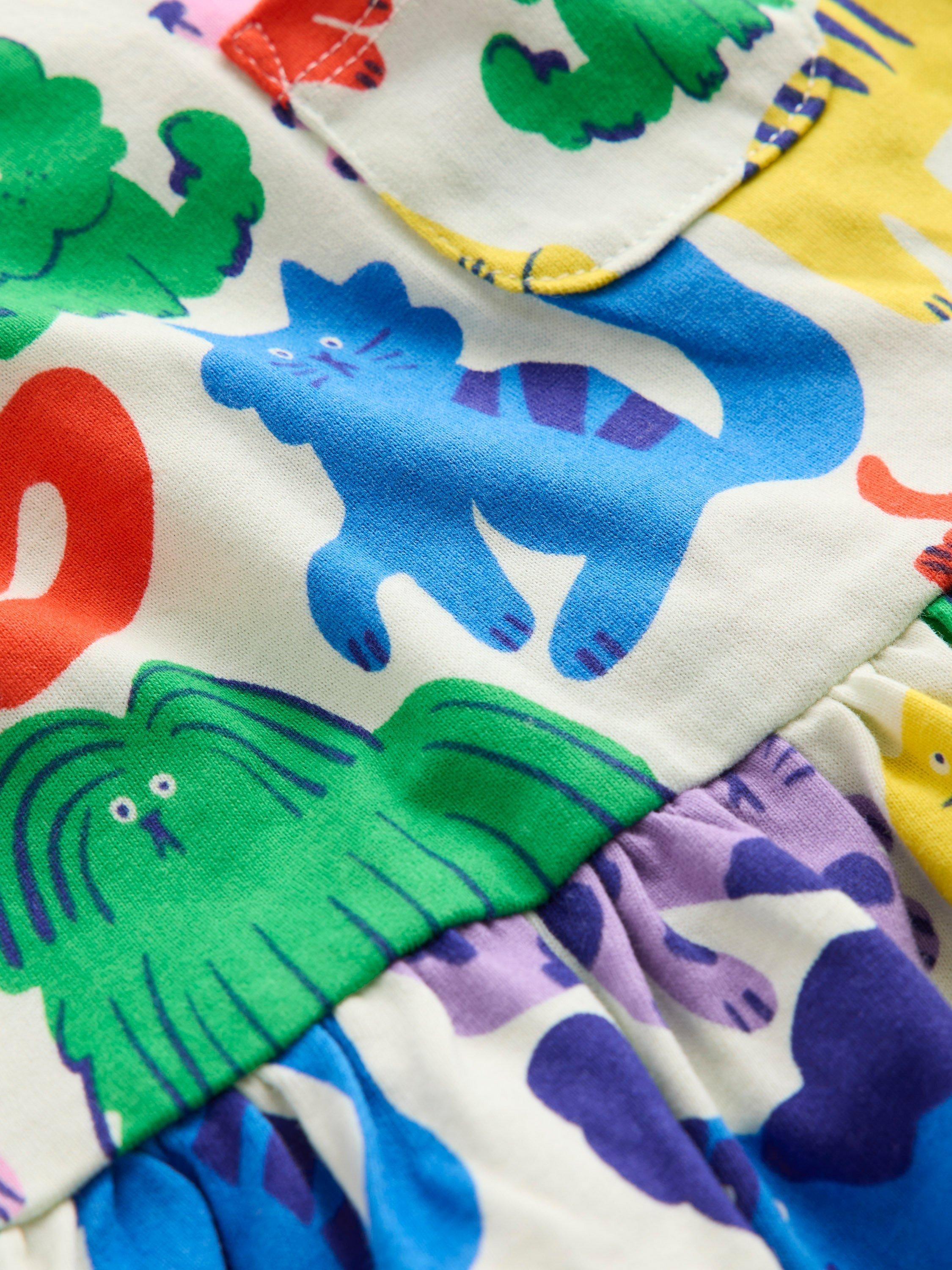 Product image 3 of 4, which shows Mini Boden Kids' Long Sleeve Fun Jersey Dress, Oatmeal Rainbow Pets, 11-12 years