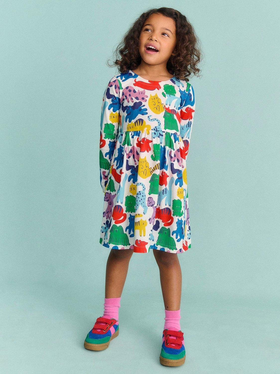 Product image 4 of 4, which shows Mini Boden Kids' Long Sleeve Fun Jersey Dress, Oatmeal Rainbow Pets, 11-12 years