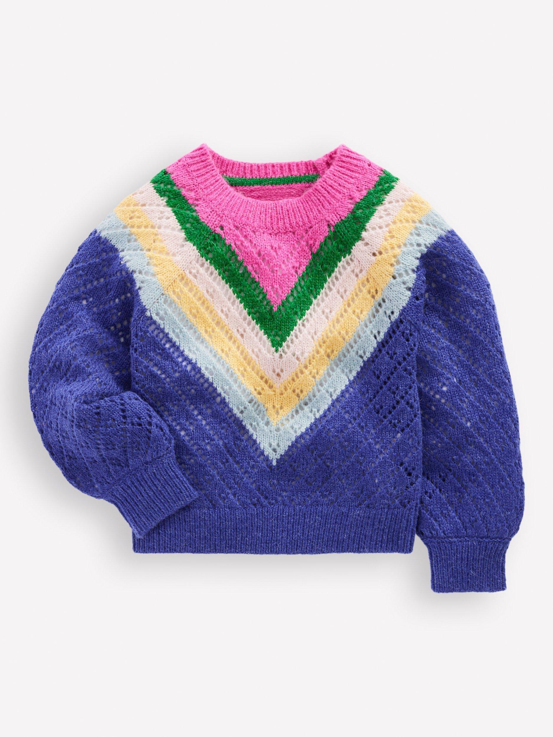 Product image 1 of 3, which shows Mini Boden Kids' Chevron Jumper , Blue/Pink Chevron, 2-3 years