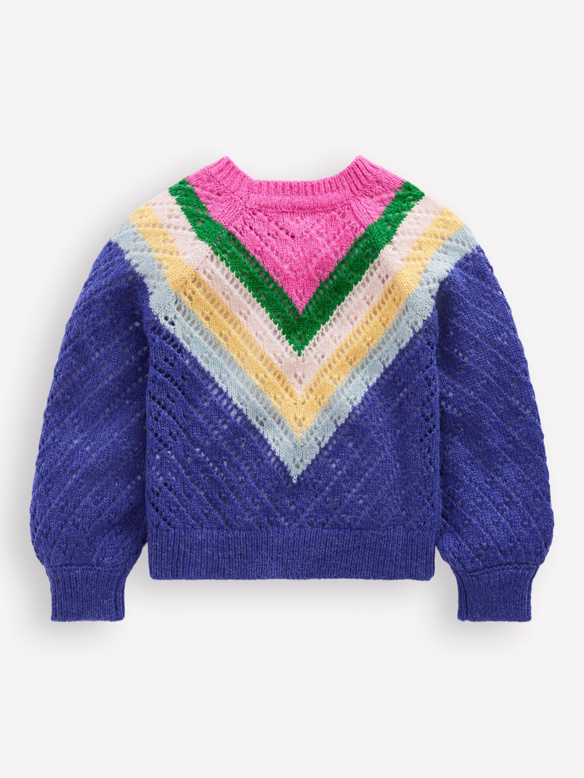 Product image 2 of 3, which shows Mini Boden Kids' Chevron Jumper , Blue/Pink Chevron, 2-3 years