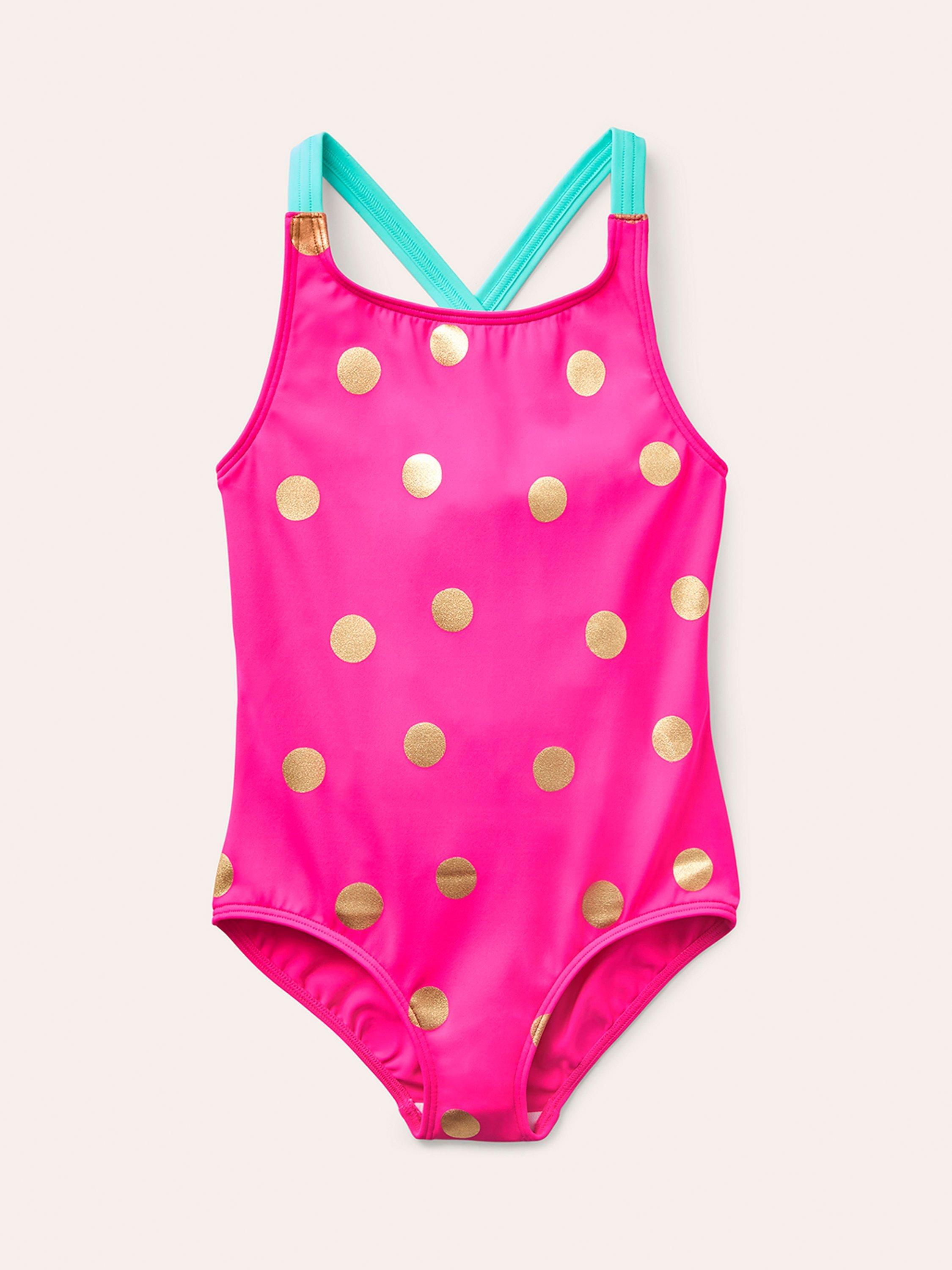 Product image 1 of 3, which shows Mini Boden Kids' Cross-Back Spot  Printed Swimsuit, Pink/Gold Spot, 2-3 years