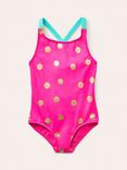 Mini Boden Kids' Cross-Back Spot  Printed Swimsuit, Pink/Gold Spot