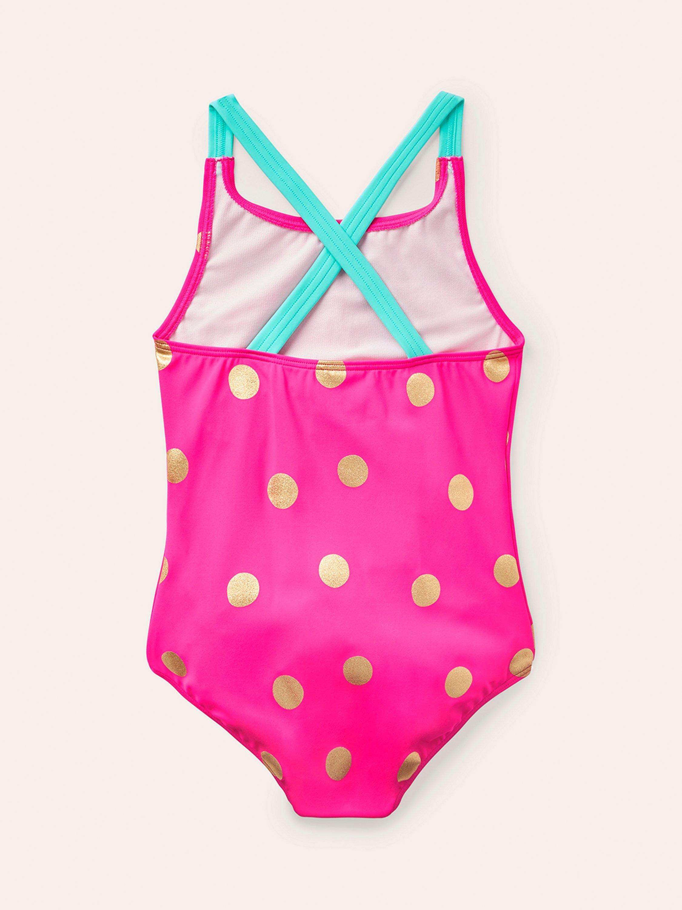 Product image 2 of 3, which shows Mini Boden Kids' Cross-Back Spot  Printed Swimsuit, Pink/Gold Spot, 2-3 years