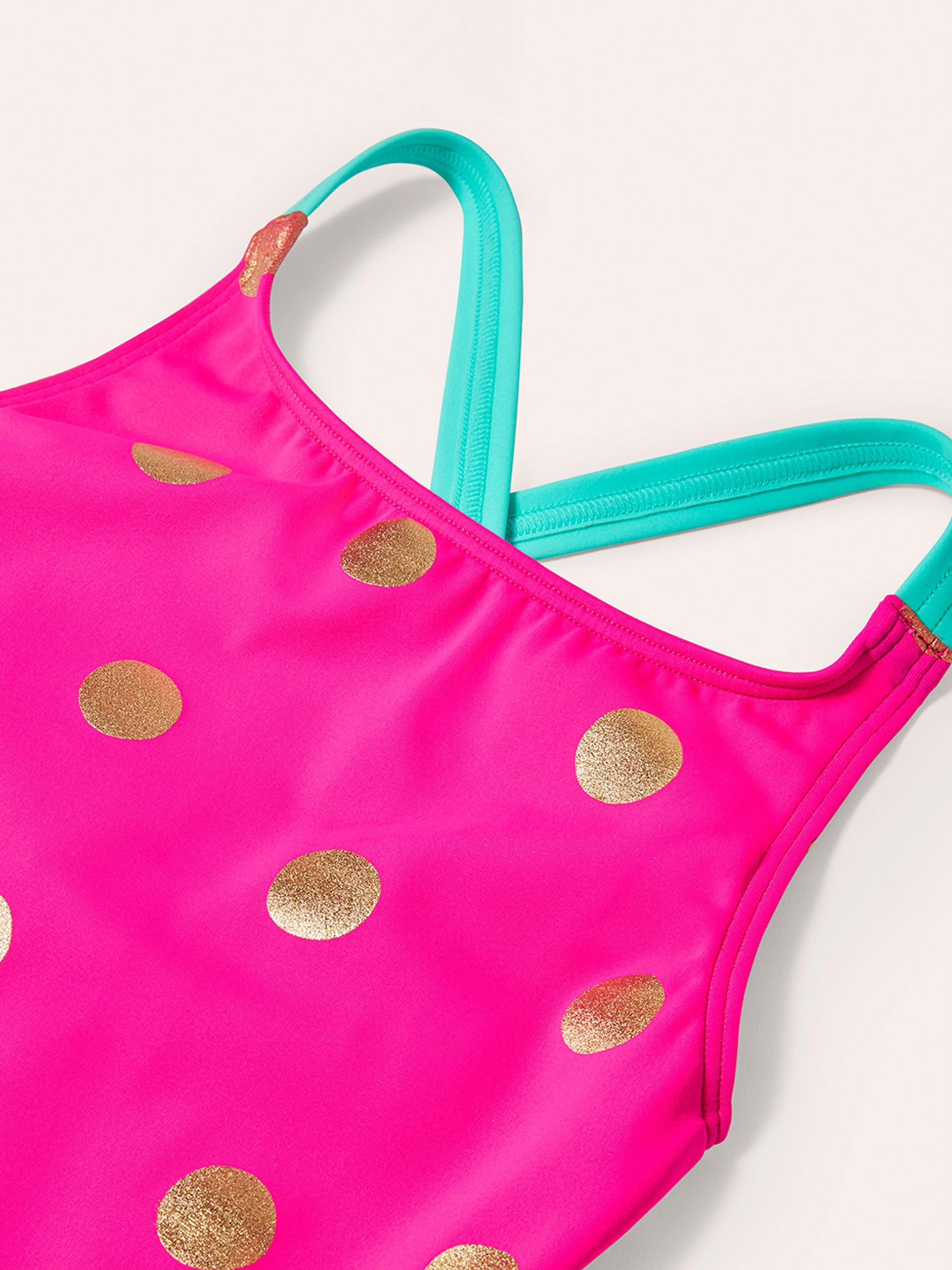 Product image 3 of 3, which shows Mini Boden Kids' Cross-Back Spot  Printed Swimsuit, Pink/Gold Spot, 2-3 years
