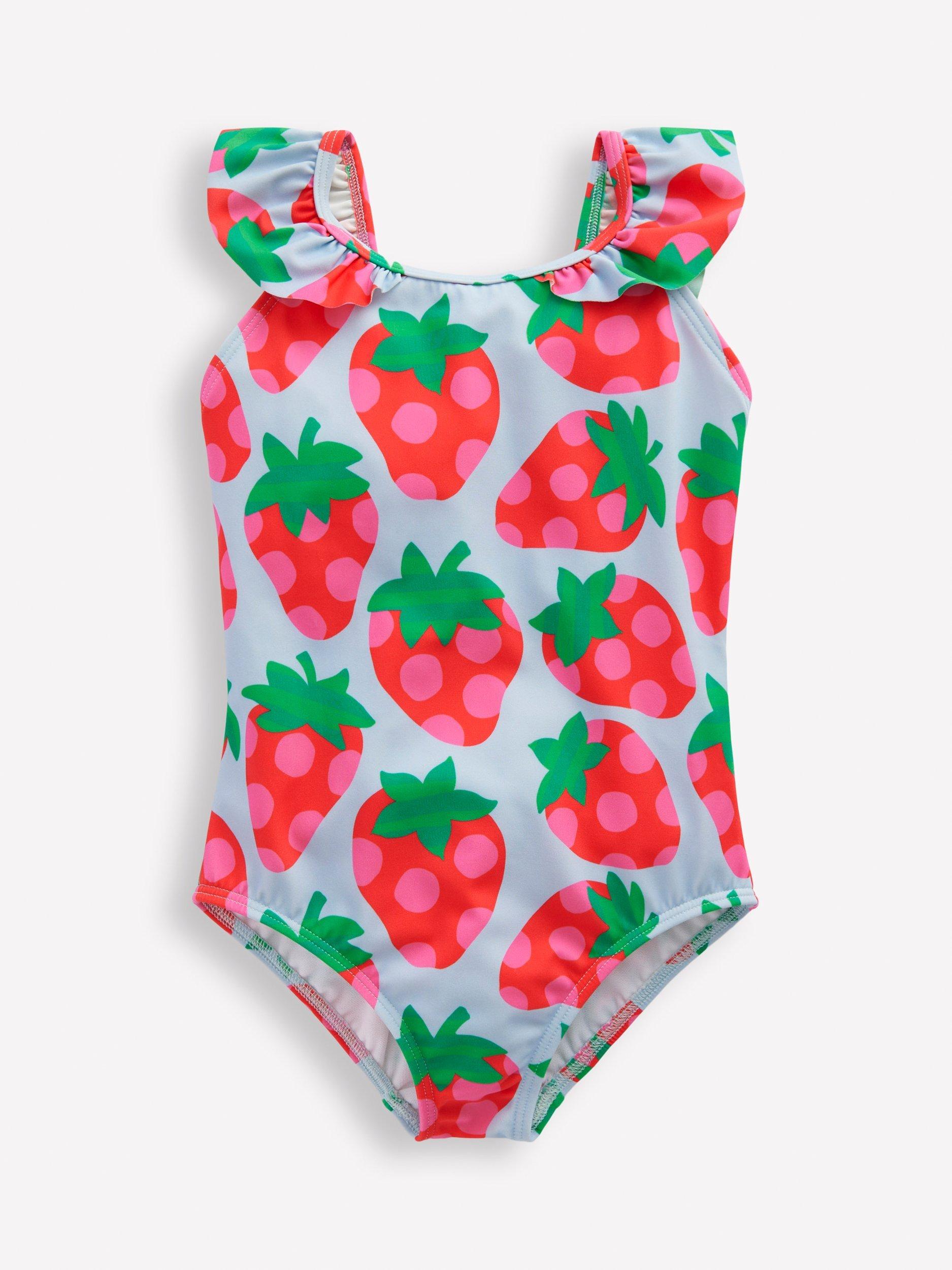 Mini Boden Kids' Hallie Frill Strap Swimsuit, Blue Strawberry