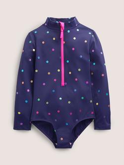 Mini Boden Kids' Spot Print Long Sleeve Swimsuit, Navy/Multi, Navy/Multi