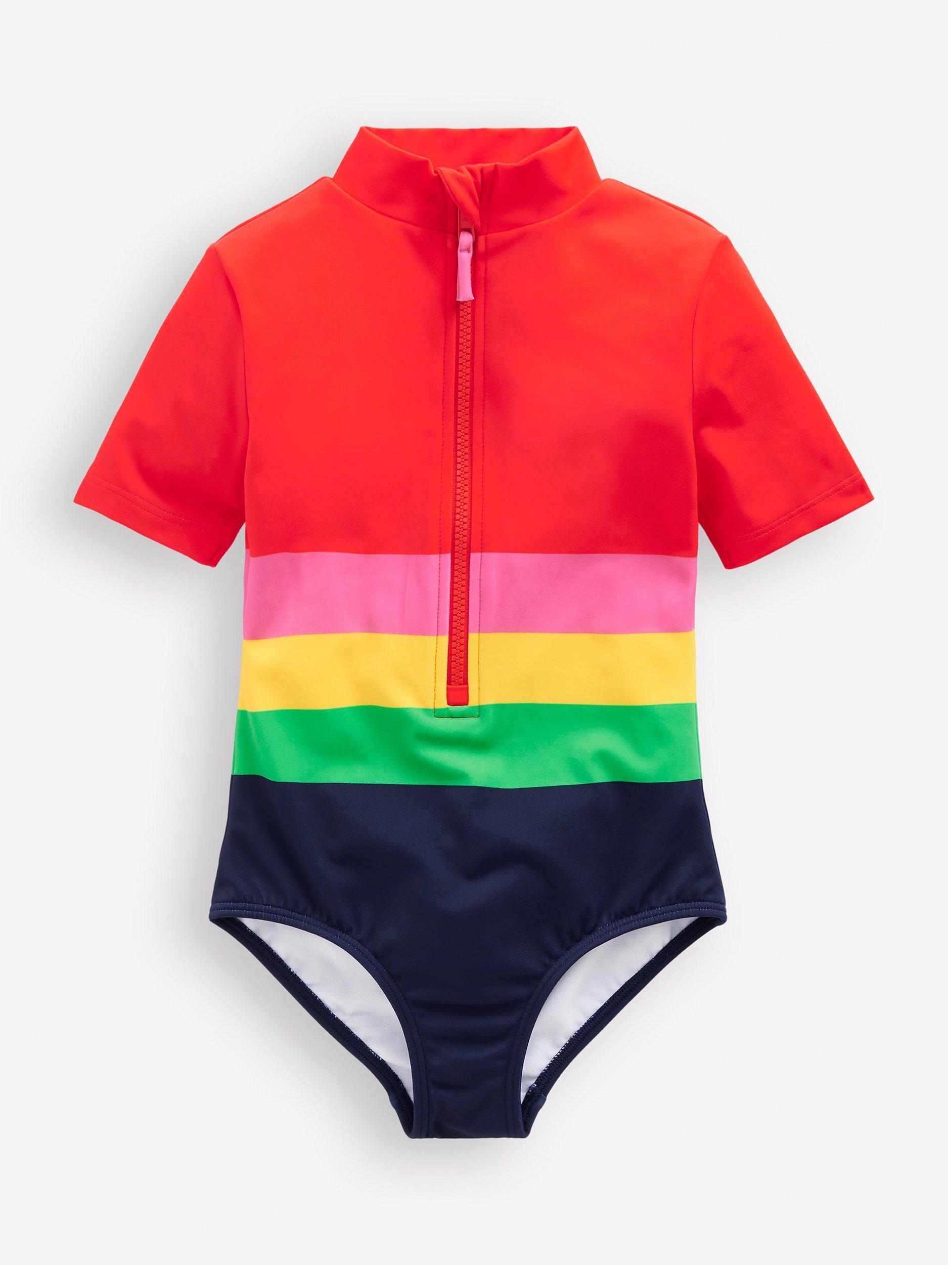 Mini Boden Kids' Stripe Short Sleeve Swimsuit, Red/Multi